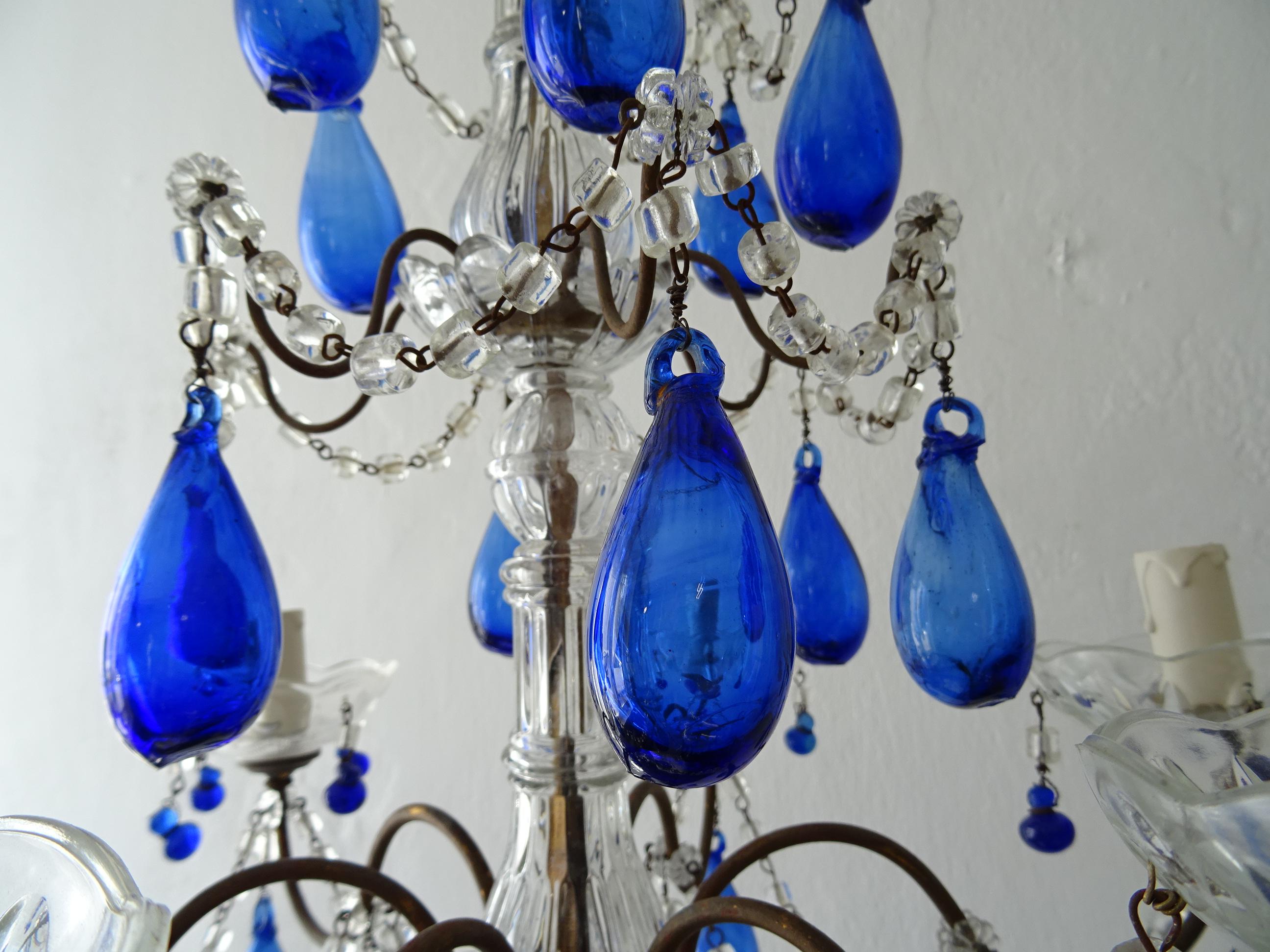 Italian Mouth Blown Cobalt Blue Murano Drops Crystal Swags Chandelier, C 1920 For Sale 1