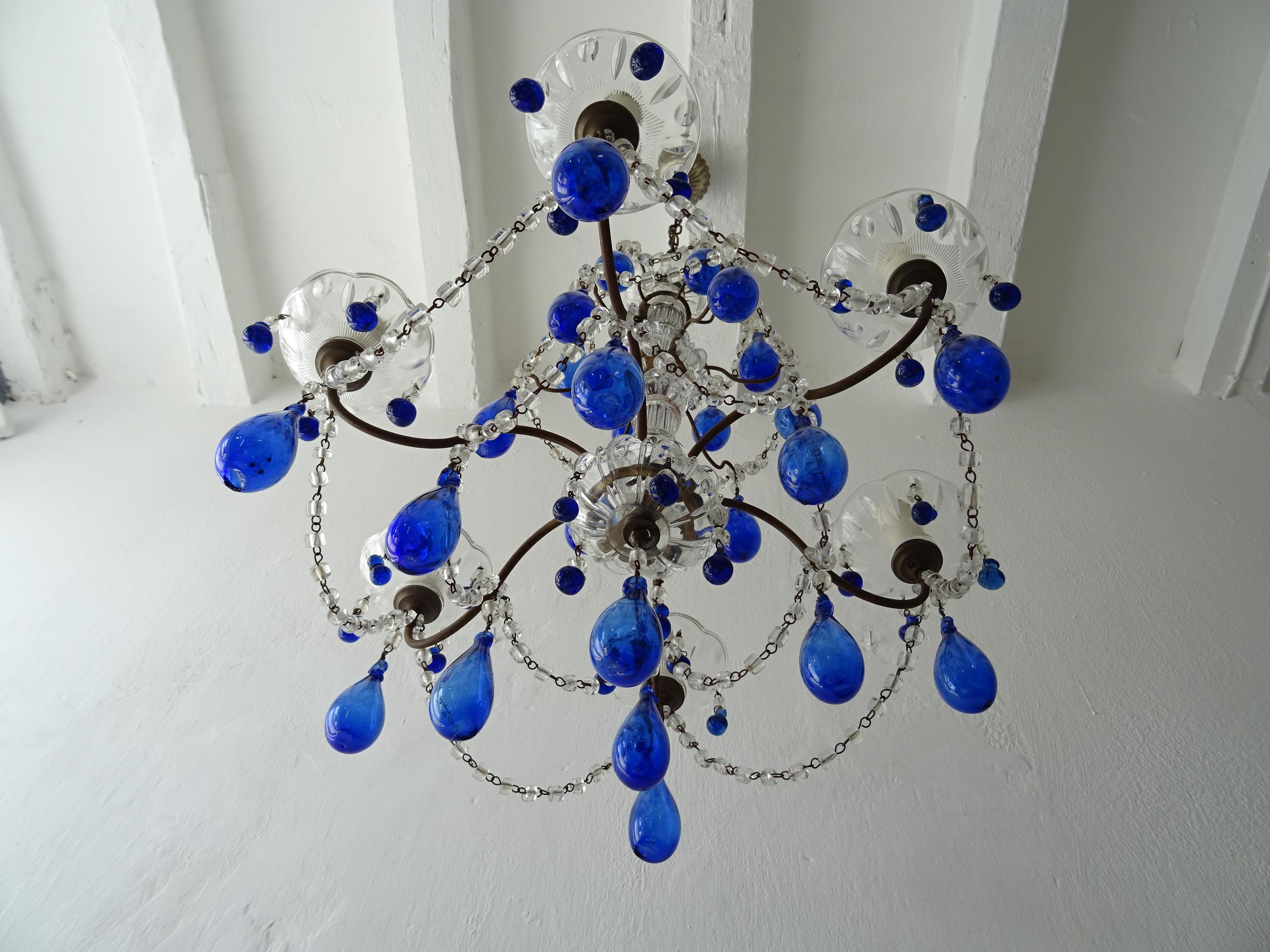 Italian Mouth Blown Cobalt Blue Murano Drops Crystal Swags Chandelier, C 1920 For Sale 3