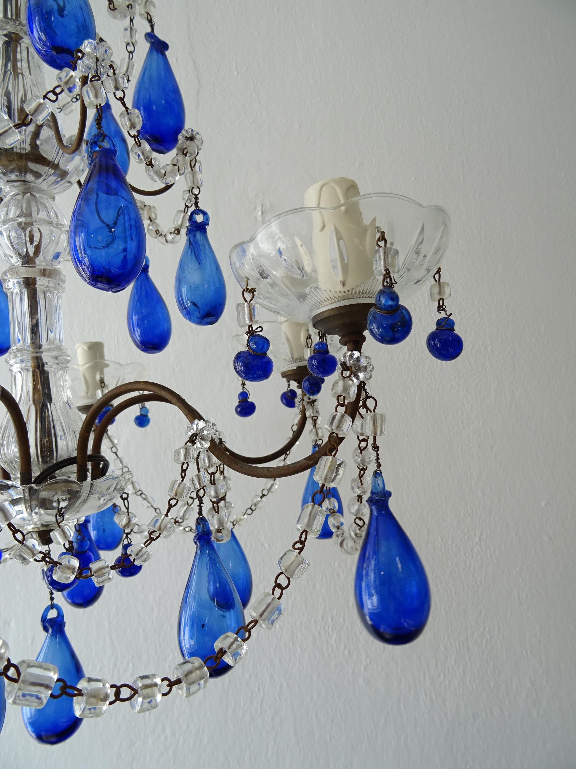 Italian Mouth Blown Cobalt Blue Murano Drops Crystal Swags Chandelier, C 1920 For Sale 4
