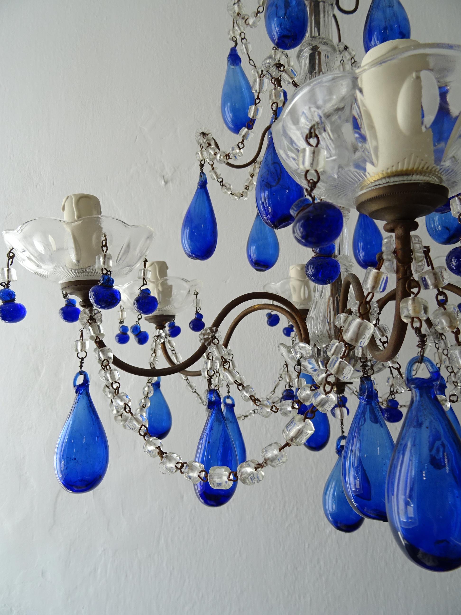 Italian Mouth Blown Cobalt Blue Murano Drops Crystal Swags Chandelier, C 1920 For Sale 5