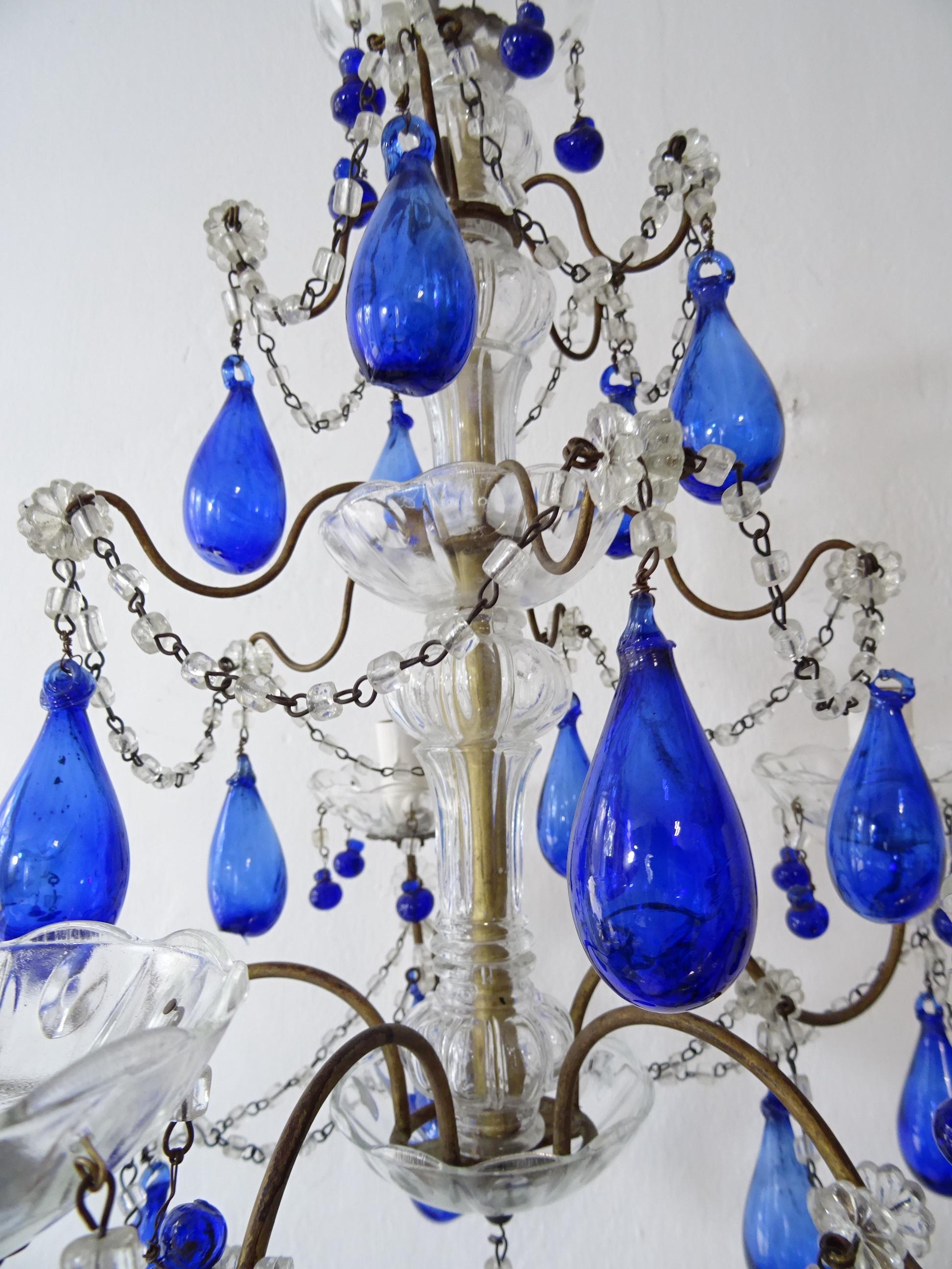 Italian Mouth Blown Cobalt Blue Murano Drops Crystal Swags Chandelier, c 1920 7