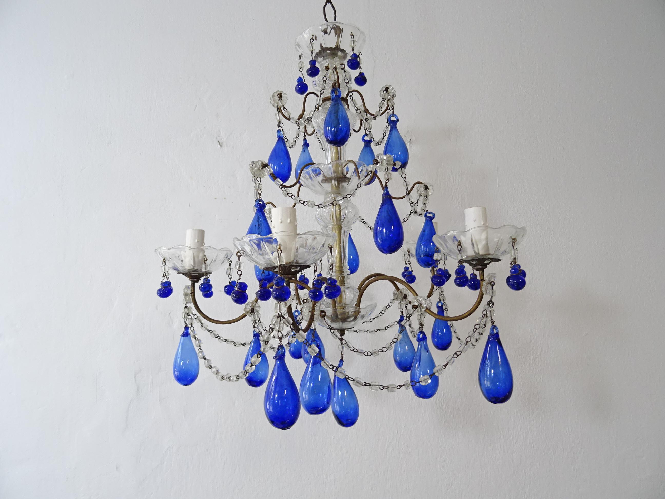 Italian Mouth Blown Cobalt Blue Murano Drops Crystal Swags Chandelier, c 1920 8