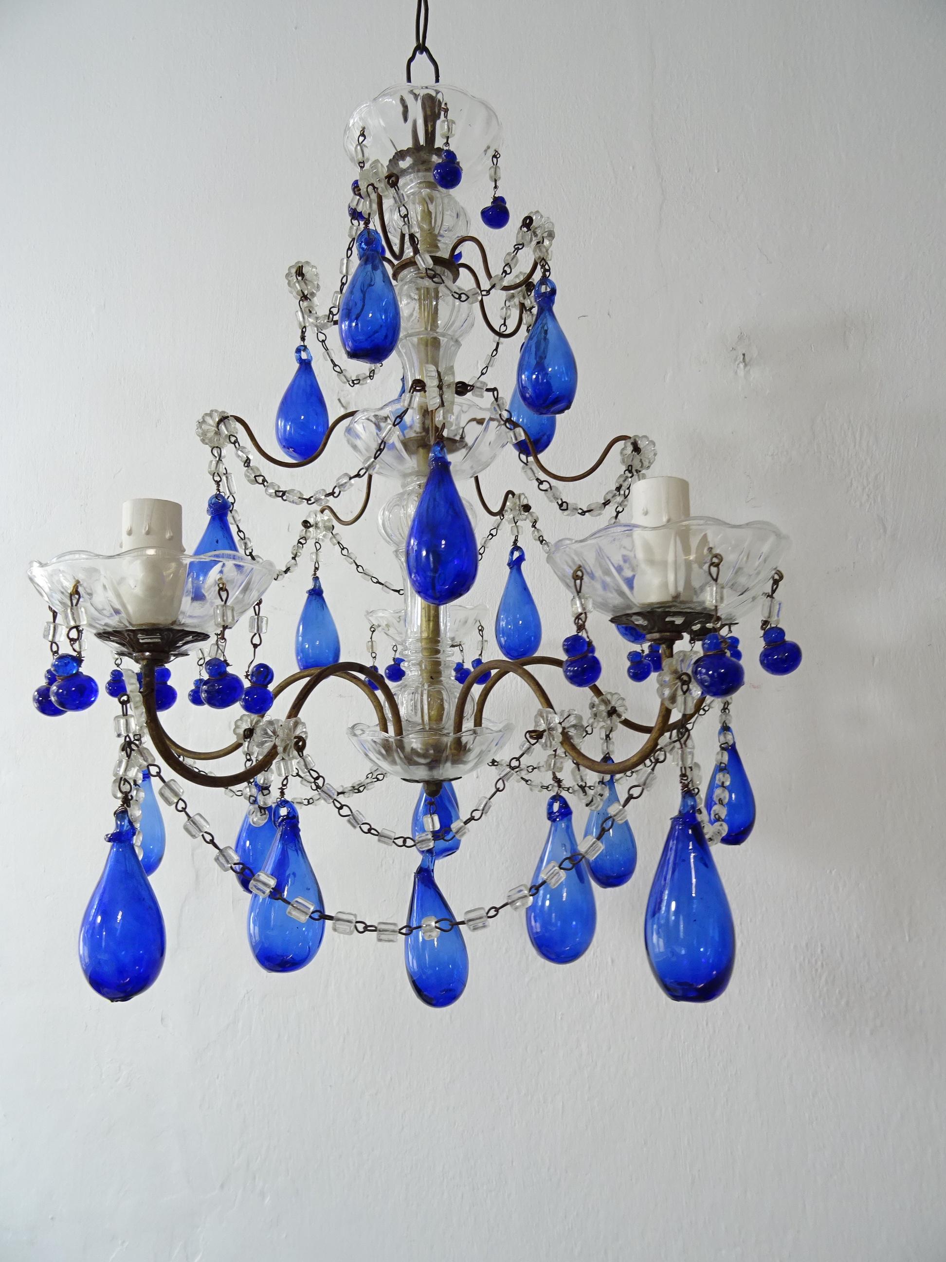 Early 20th Century Italian Mouth Blown Cobalt Blue Murano Drops Crystal Swags Chandelier, c 1920