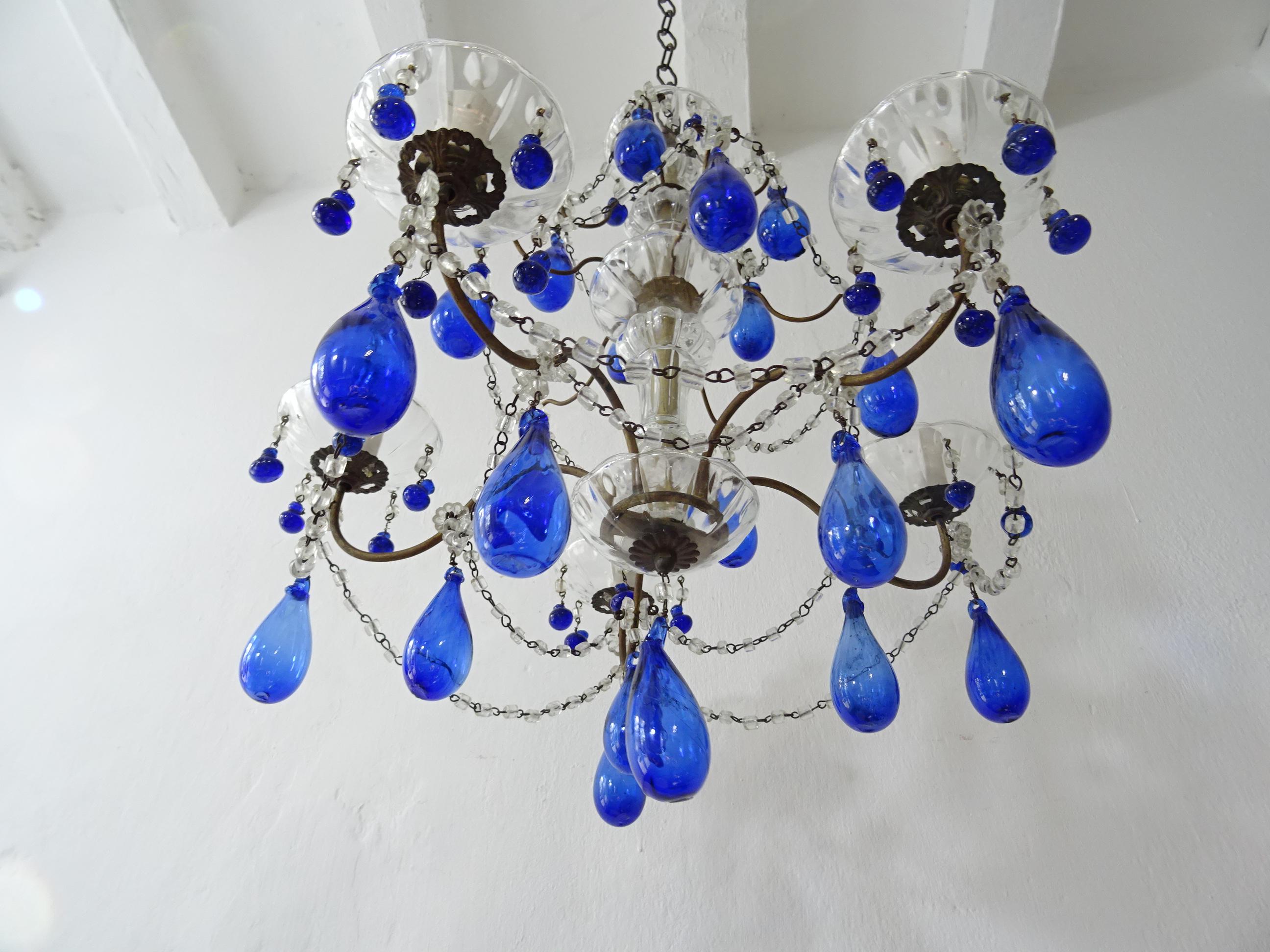Murano Glass Italian Mouth Blown Cobalt Blue Murano Drops Crystal Swags Chandelier, c 1920