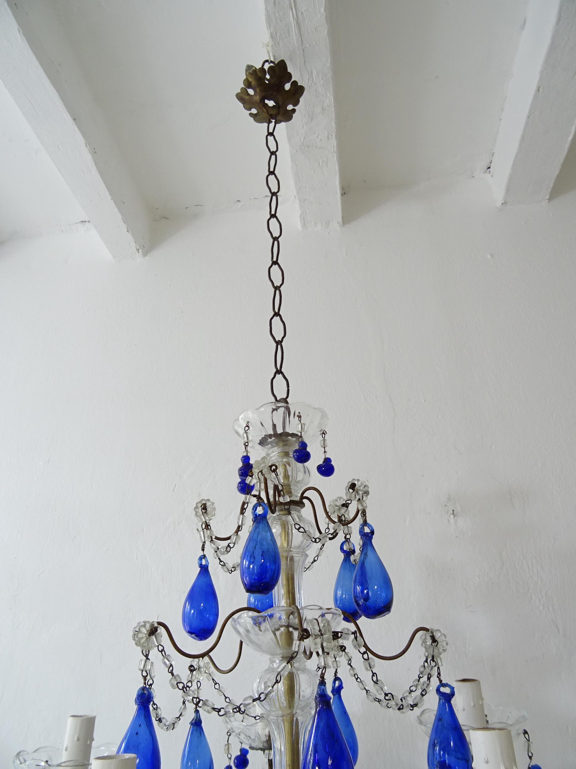 Italian Mouth Blown Cobalt Blue Murano Drops Crystal Swags Chandelier, c 1920 1