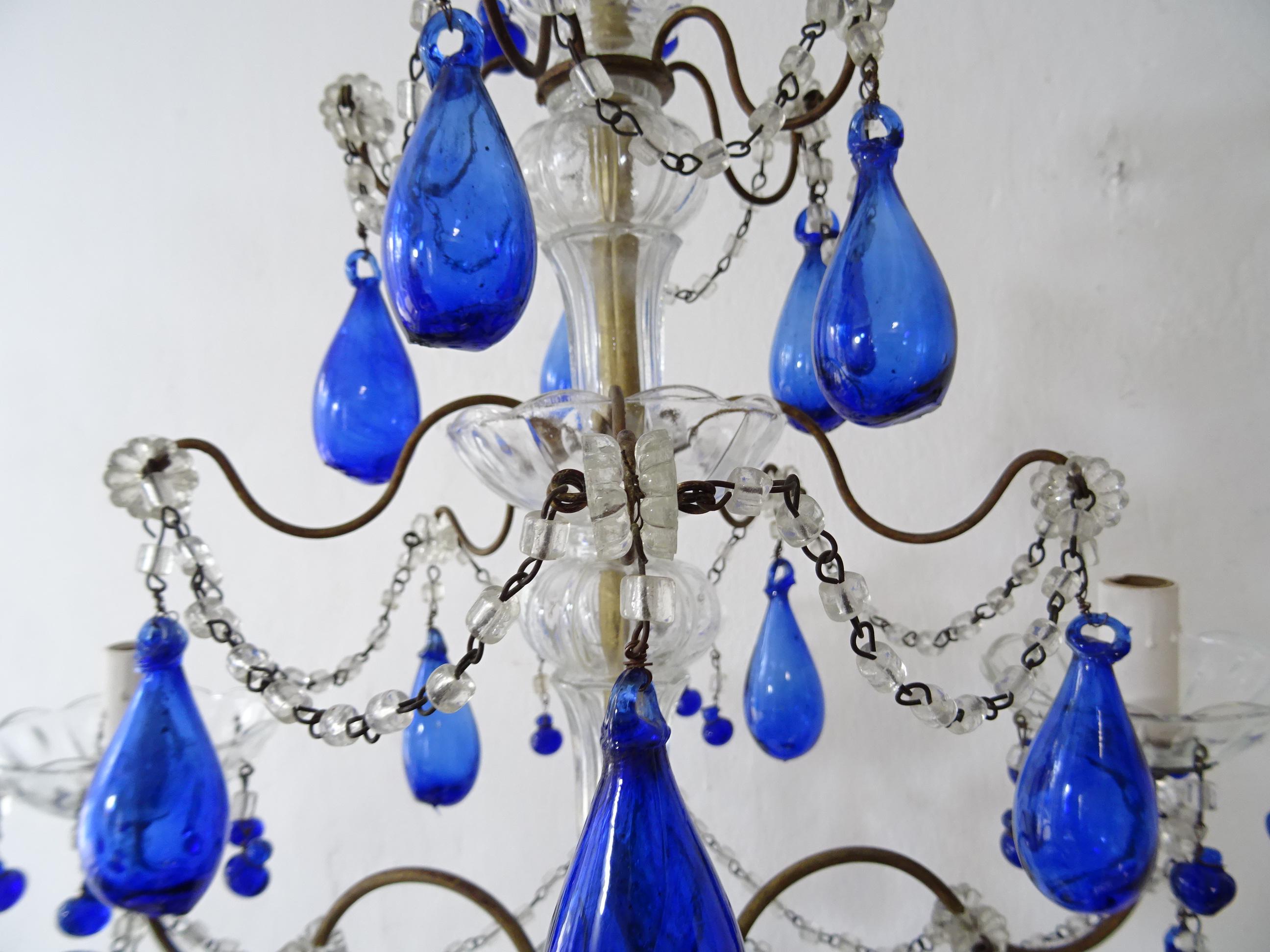 Italian Mouth Blown Cobalt Blue Murano Drops Crystal Swags Chandelier, c 1920 3
