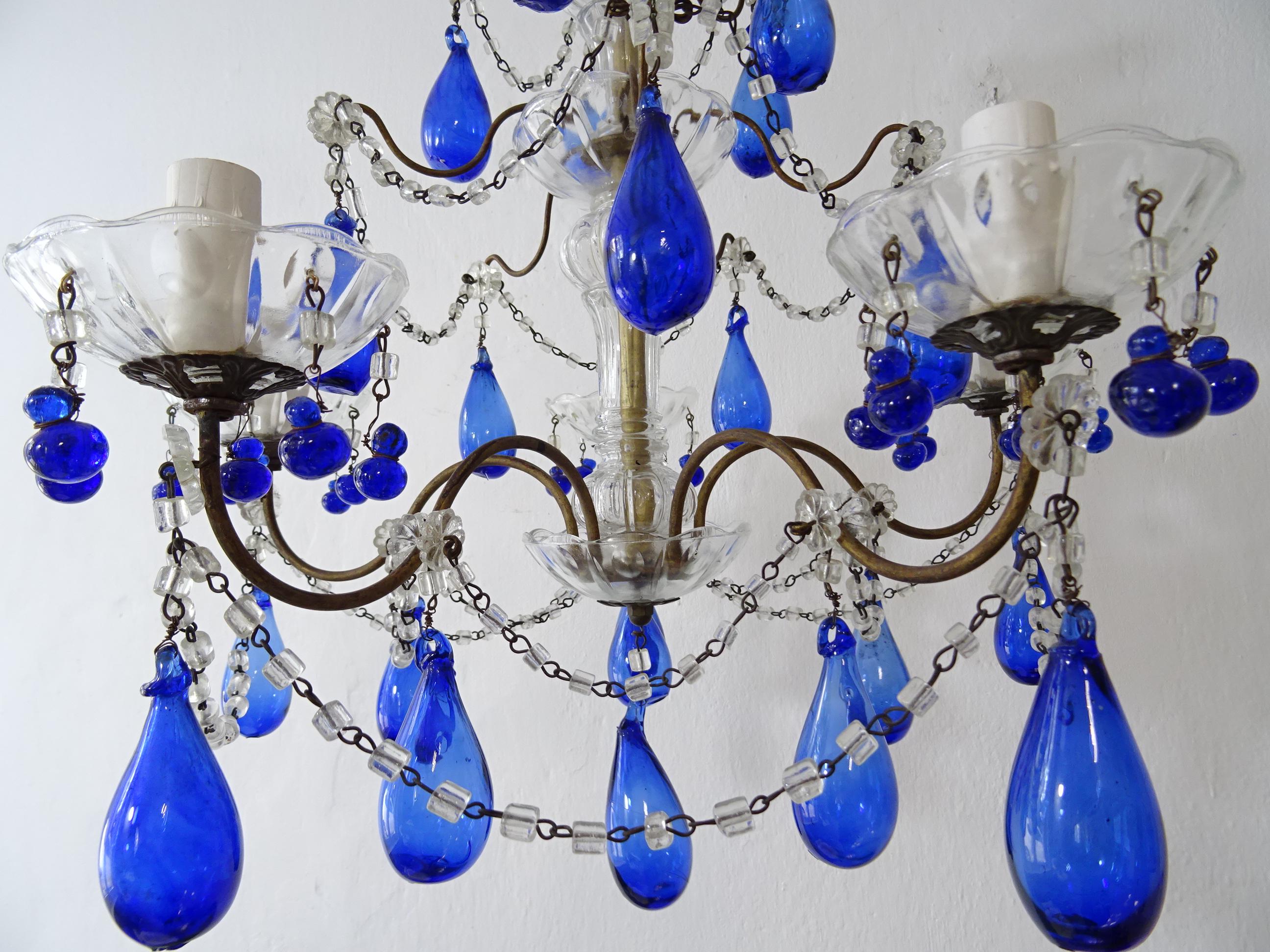 Italian Mouth Blown Cobalt Blue Murano Drops Crystal Swags Chandelier, c 1920 4