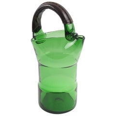 Italian Mouth-Blown Glass Barware Pitcher Handstitched Leather Handle