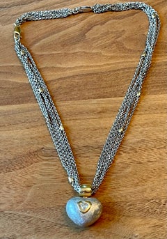 Italian Multi Chain Necklace 18 K White Yellow Gold with Heart Diamond Pendant