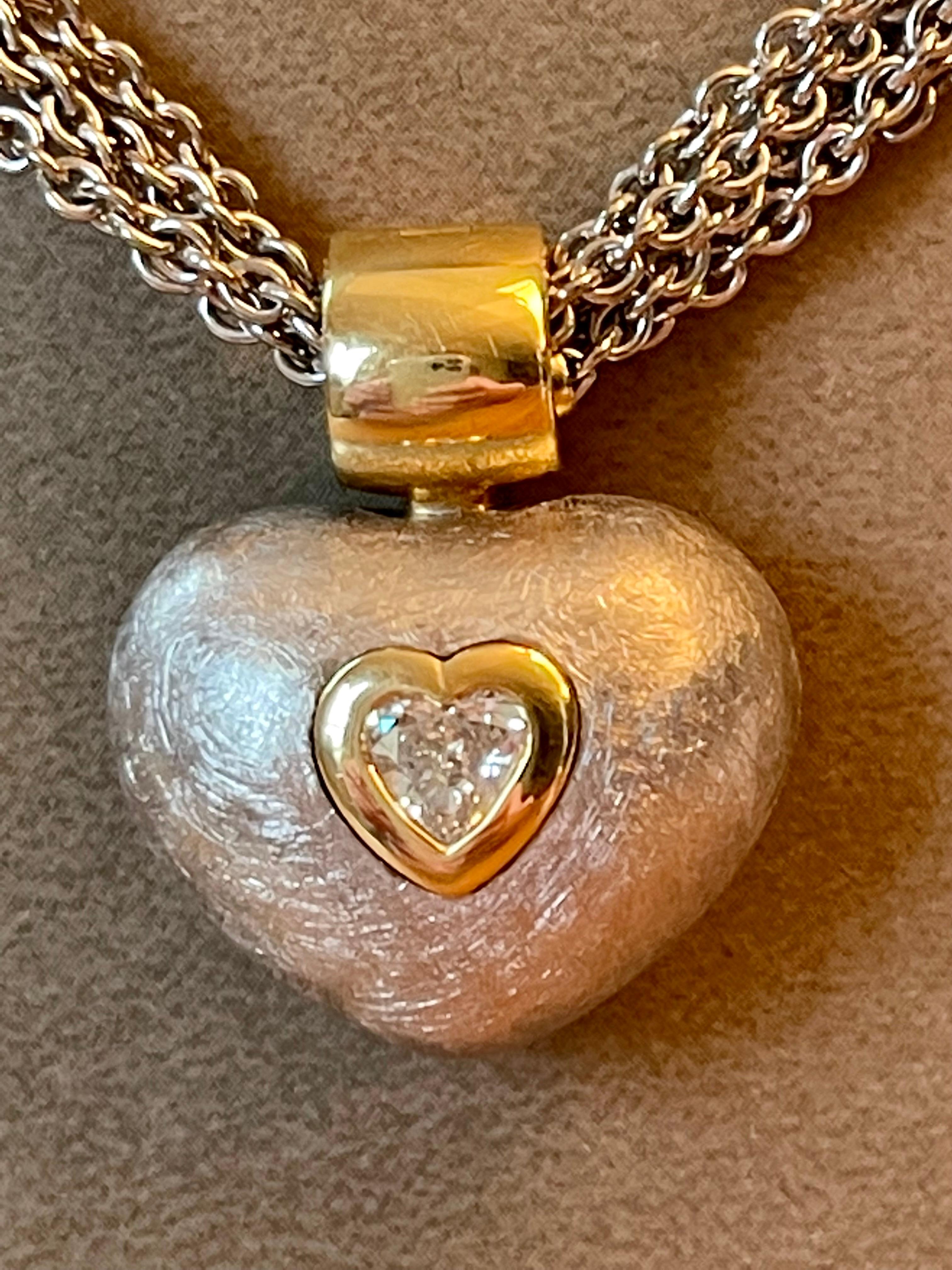 Heart Cut Italian Multi Chain Necklace 18 K White Yellow Gold with Heart Diamond Pendant For Sale