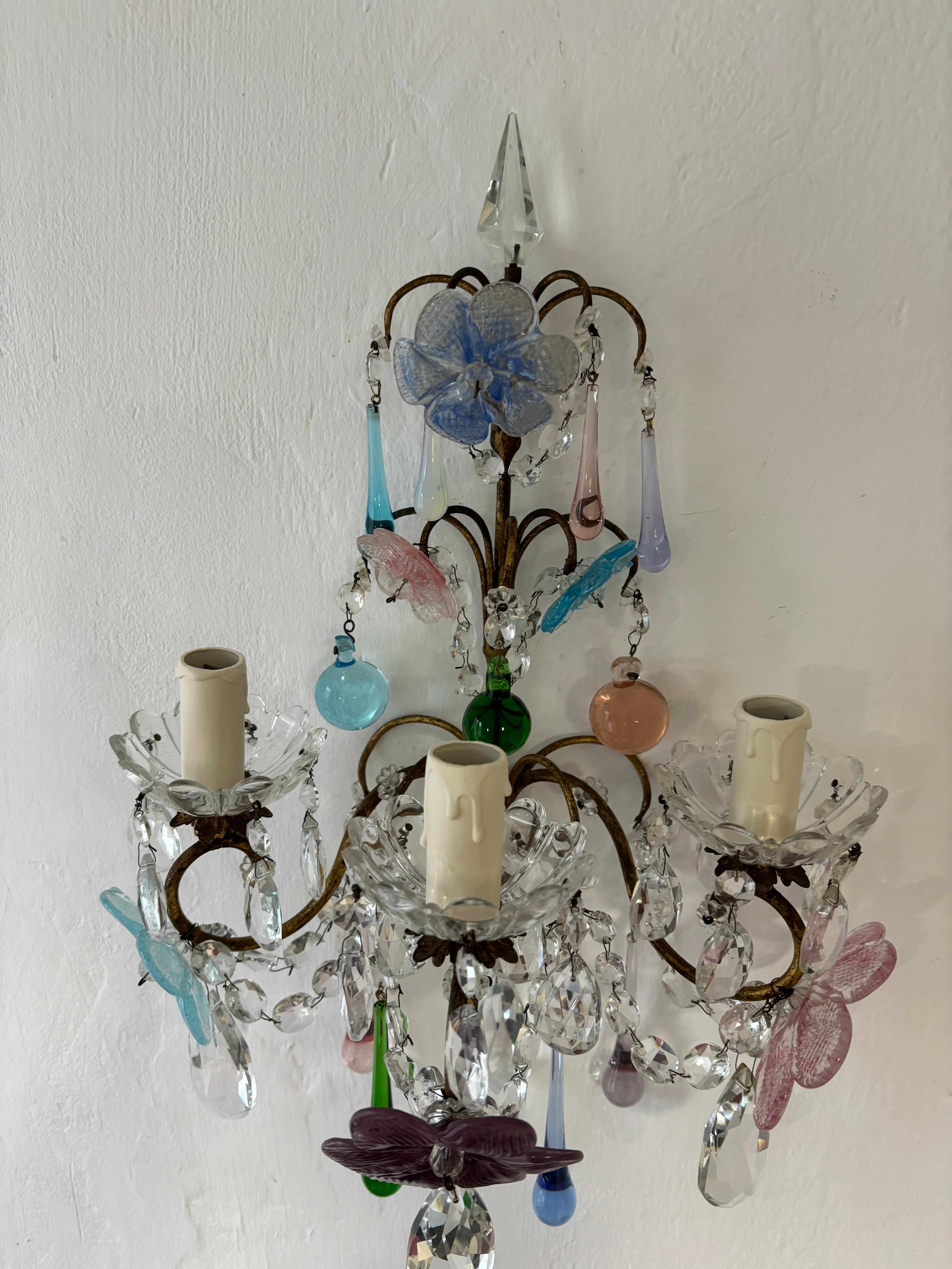 Fleurs italiennes en verre de Murano multicolore à 3 niveaux avec appliques en forme de lances en cristal 1930 en vente 7