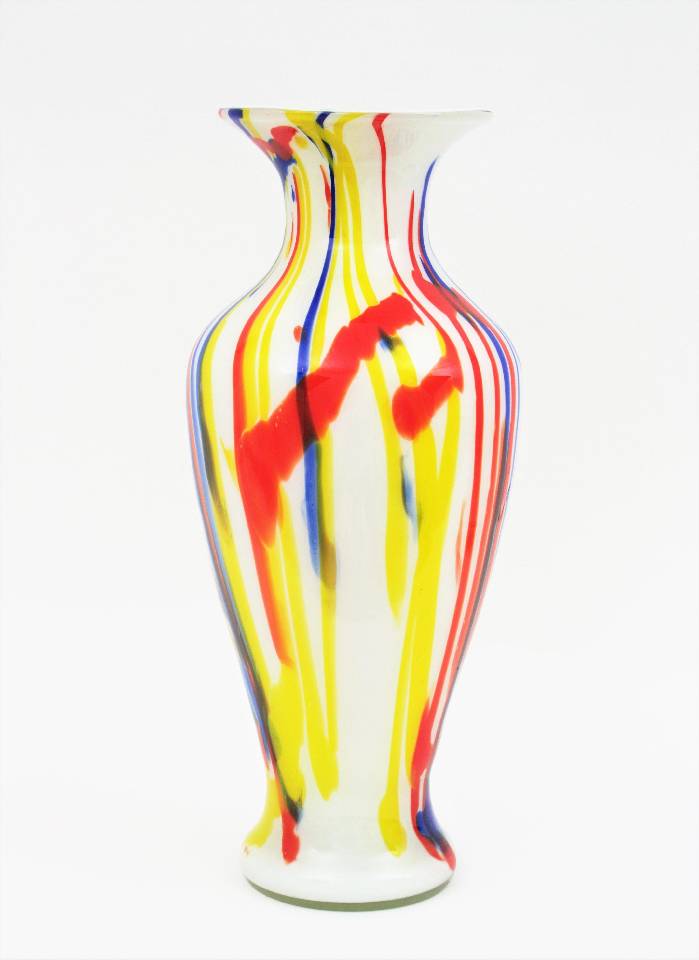 Mid-Century Modern Italian Multi Color Stripes Murano Art Glass Vase, 1960s For Sale