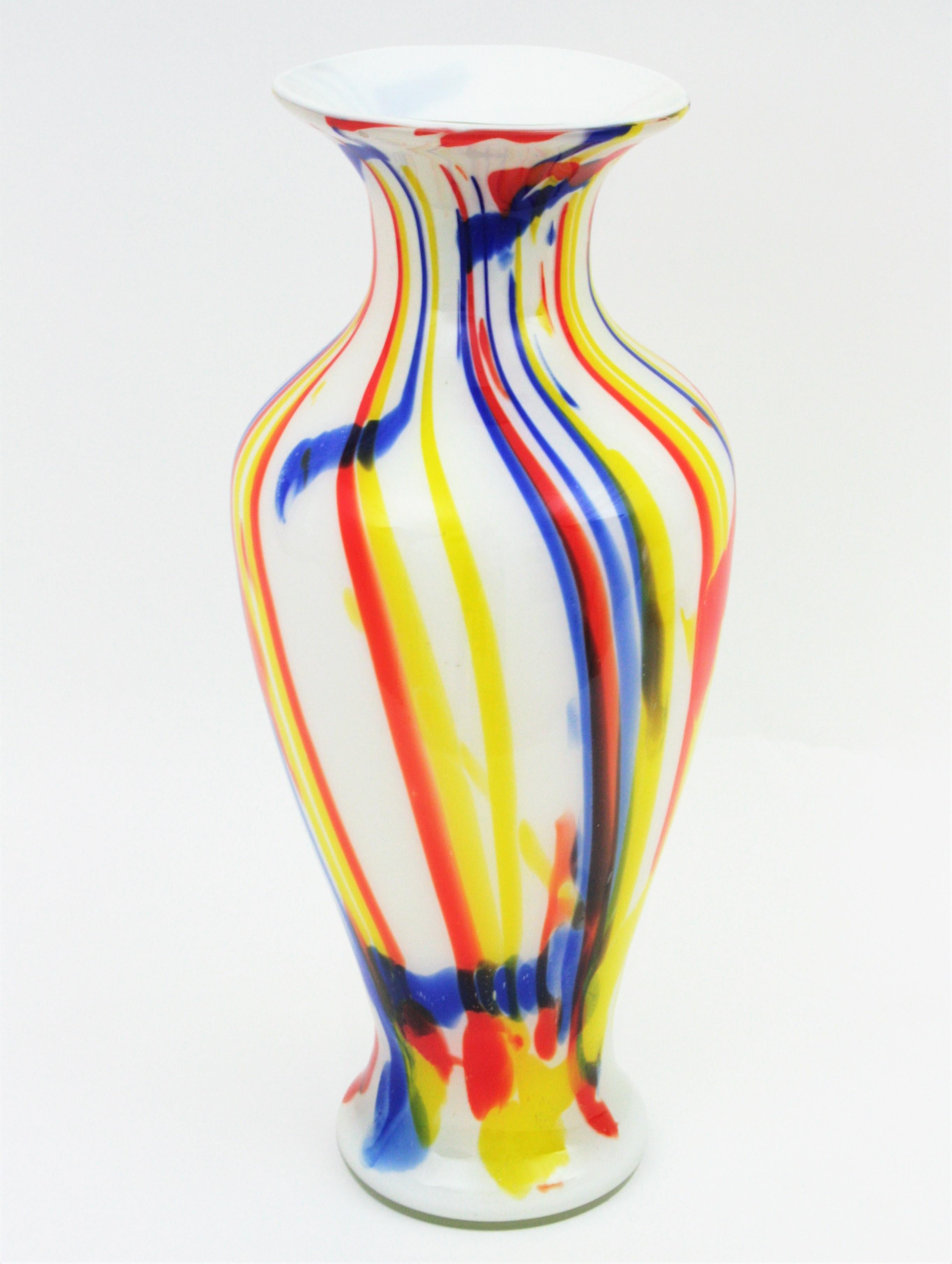 Hand-Crafted Italian Multi Color Stripes Murano Art Glass Vase, 1960s For Sale