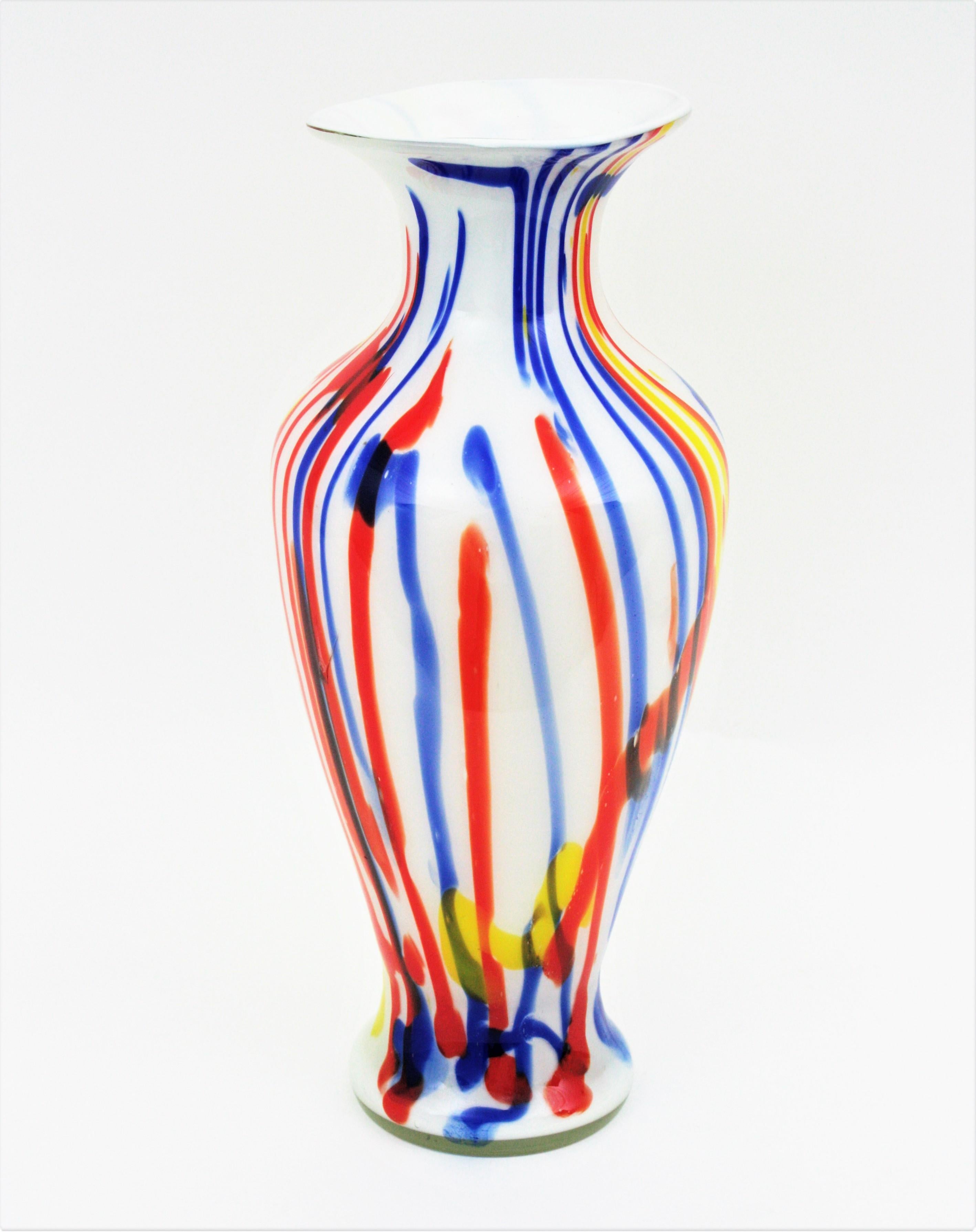 Italian Multi Color Stripes Murano Art Glass Vase, 1960s In Excellent Condition For Sale In Barcelona, ES