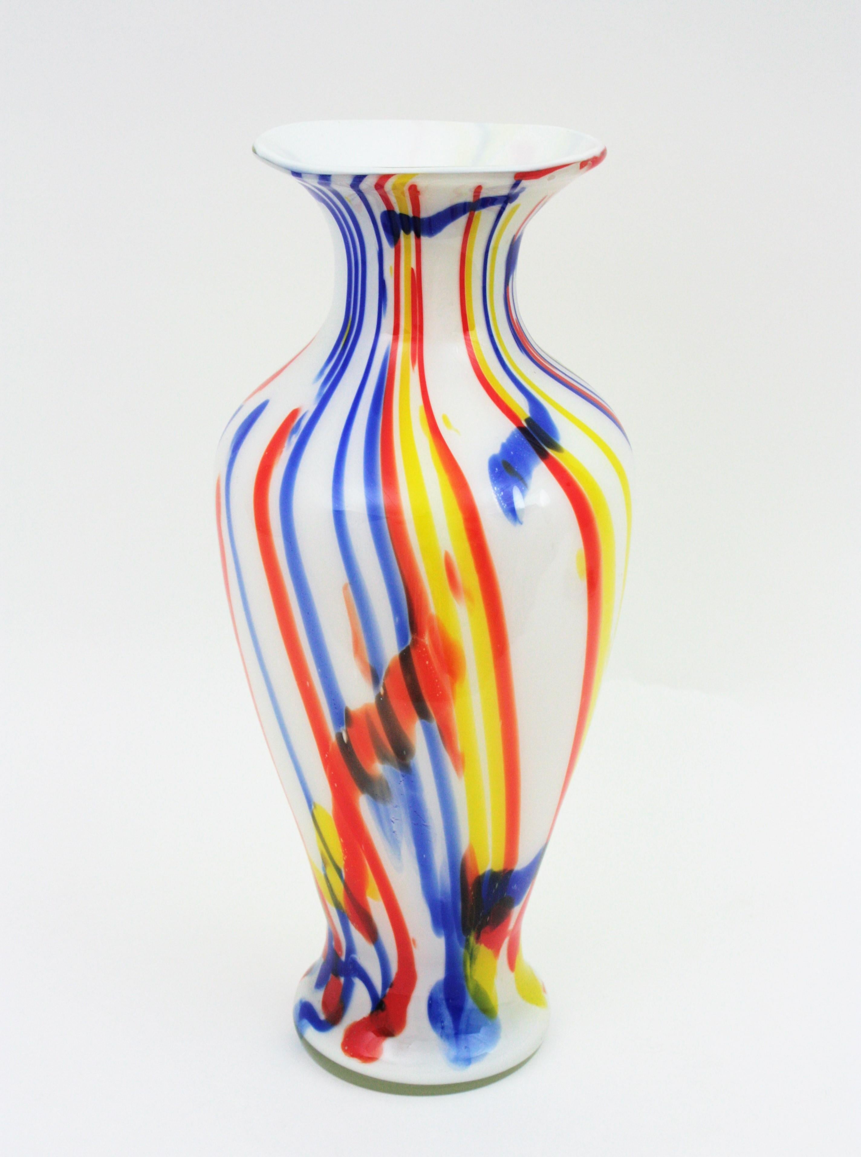 Italian Multi Color Stripes Murano Art Glass Vase, 1960s For Sale 1