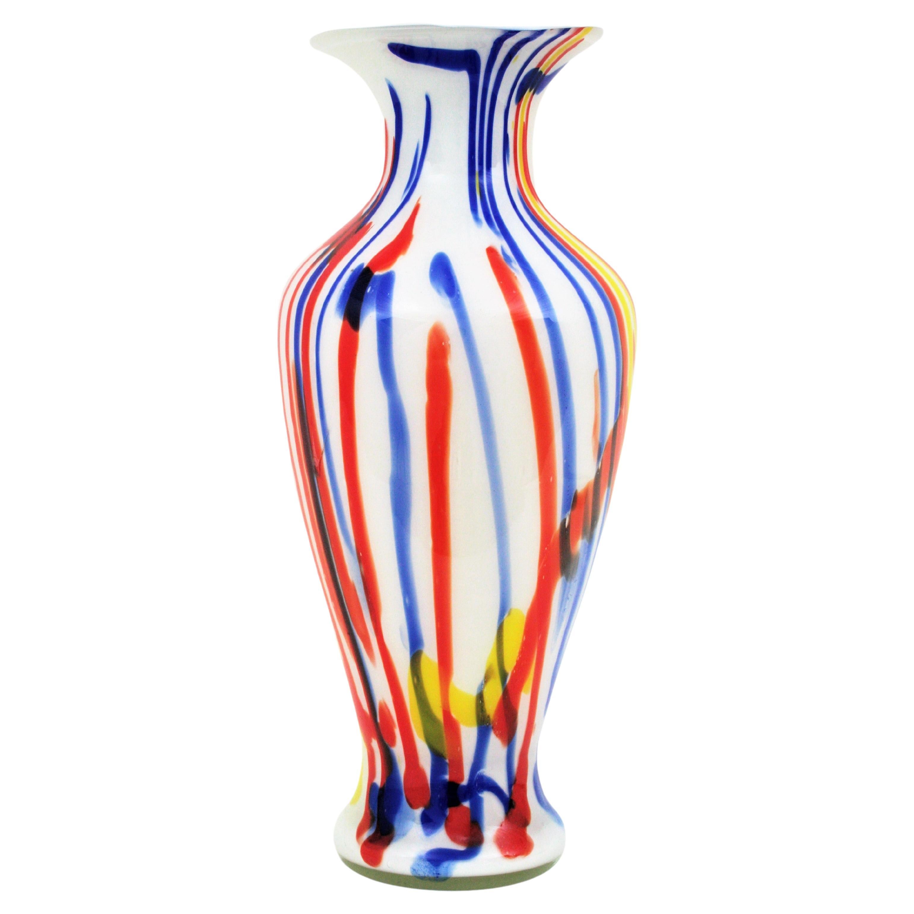 Italian Multi Color Stripes Murano Art Glass Vase, 1960s For Sale