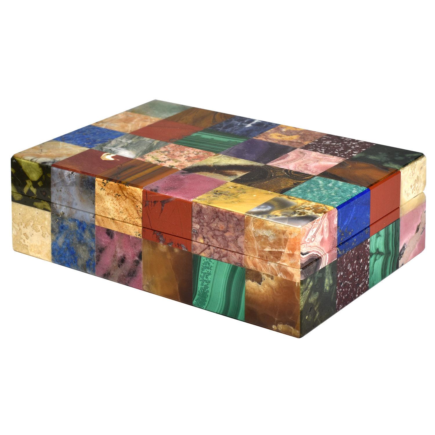 20th Century Italian Multi-Stone Mosaic Mineral Specimen Box with Onyx Interior

This exquisitely made natural mineral specimen box features sixty four .75-inch sliced stone squares that are beautifully aligned, resulting in an elegant objet d’art.