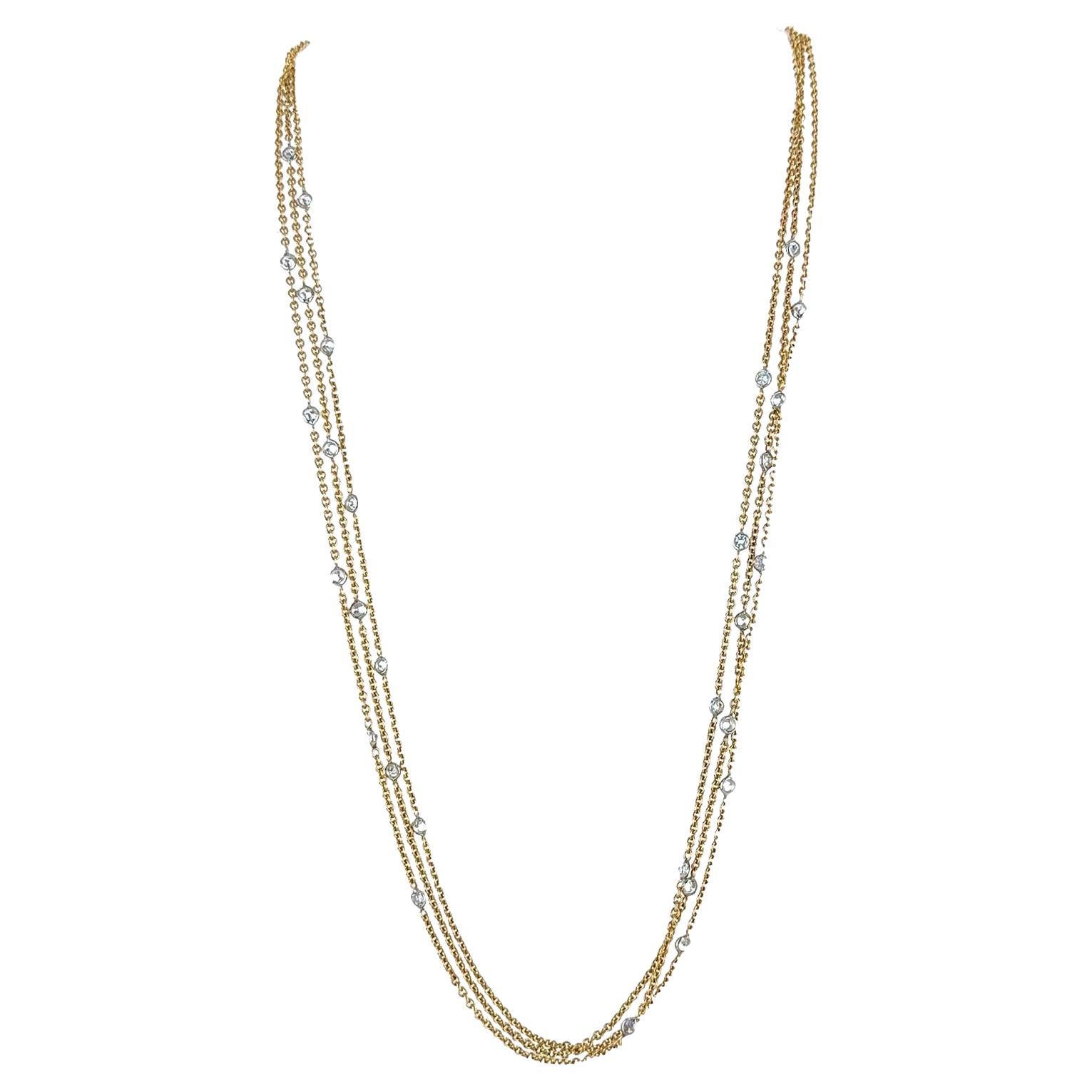 Italian Multi Strand Diamond By The Yard 18 Karat Yellow Gold Necklace For Sale