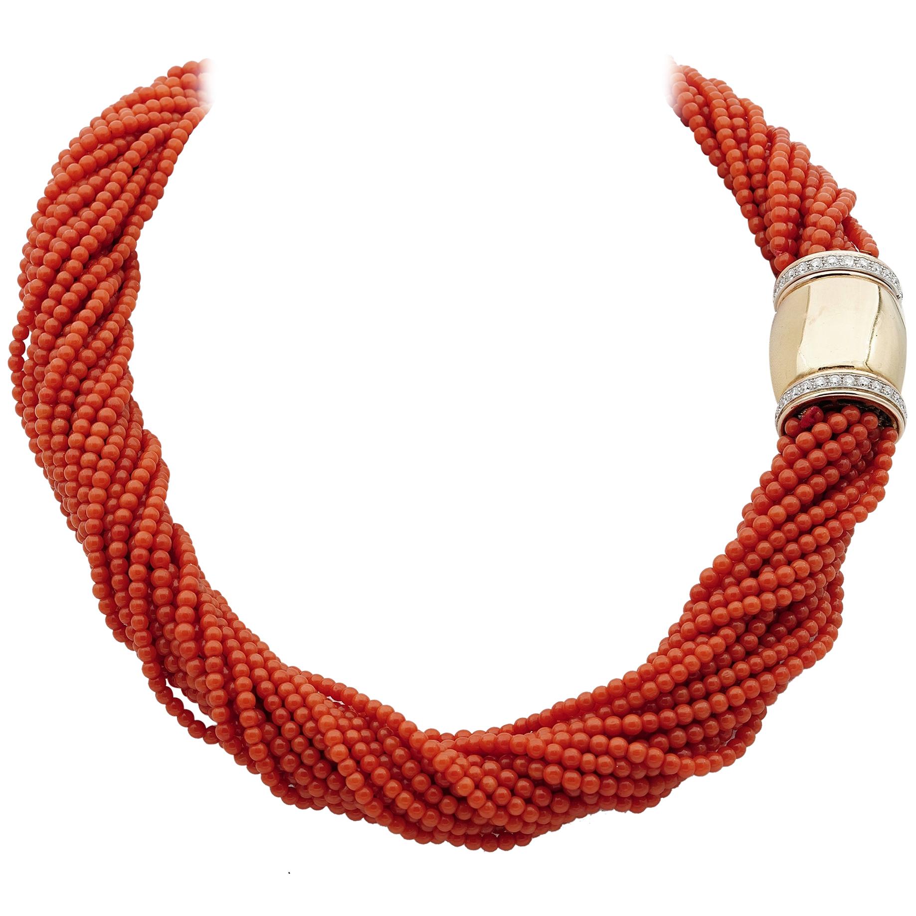 Italian Multi Strand Natural Coral 18 Karat Diamond Clasp Torsade Necklace For Sale