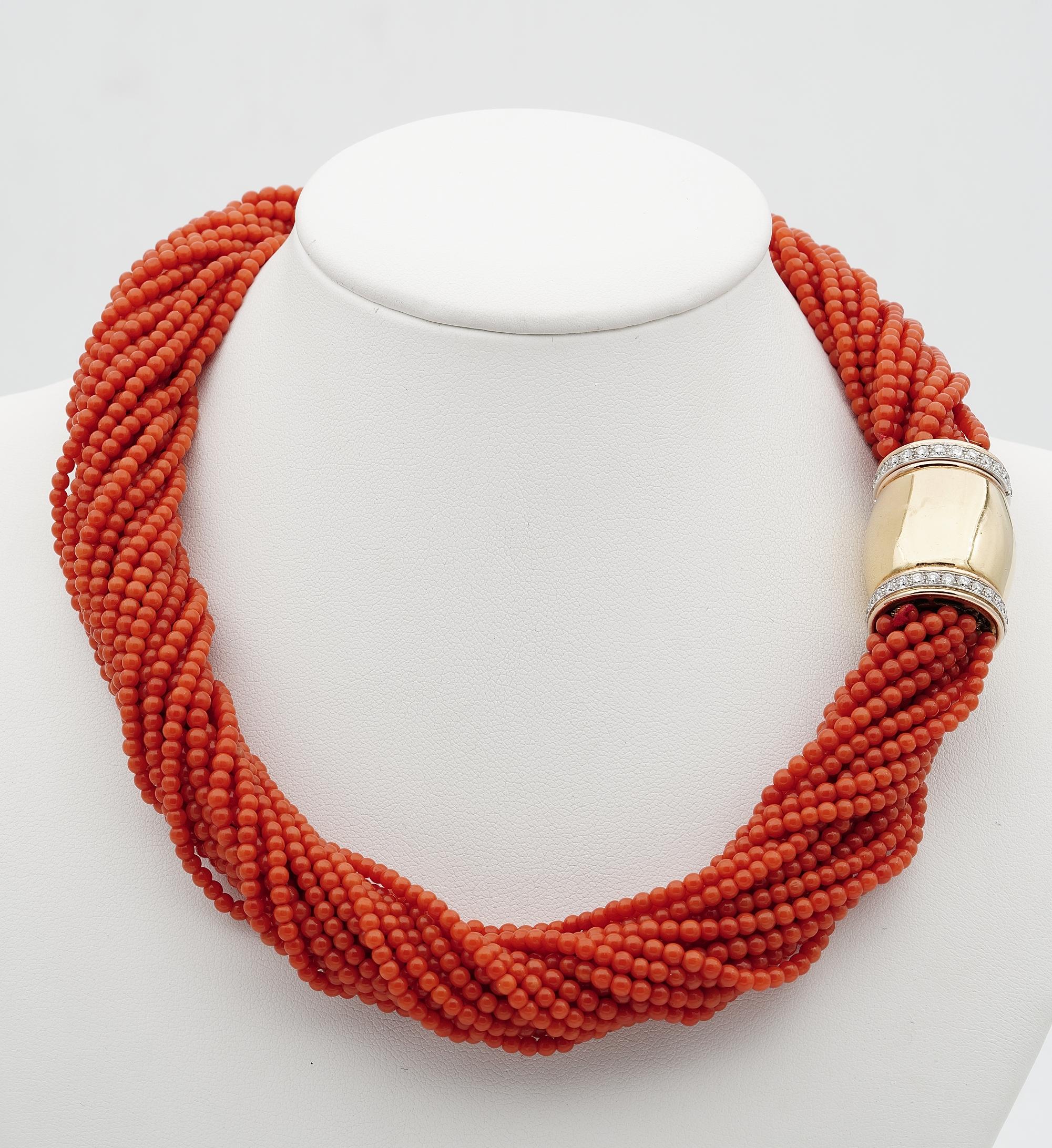 Allure of Coral
This captivating mid century necklace is Italian origin
Composed by 21 strands of highly selected, natural, untreated Coral of Red Salmon colour, 3 mm. beads all uniform, blemish free, matched to form this high quality vintage