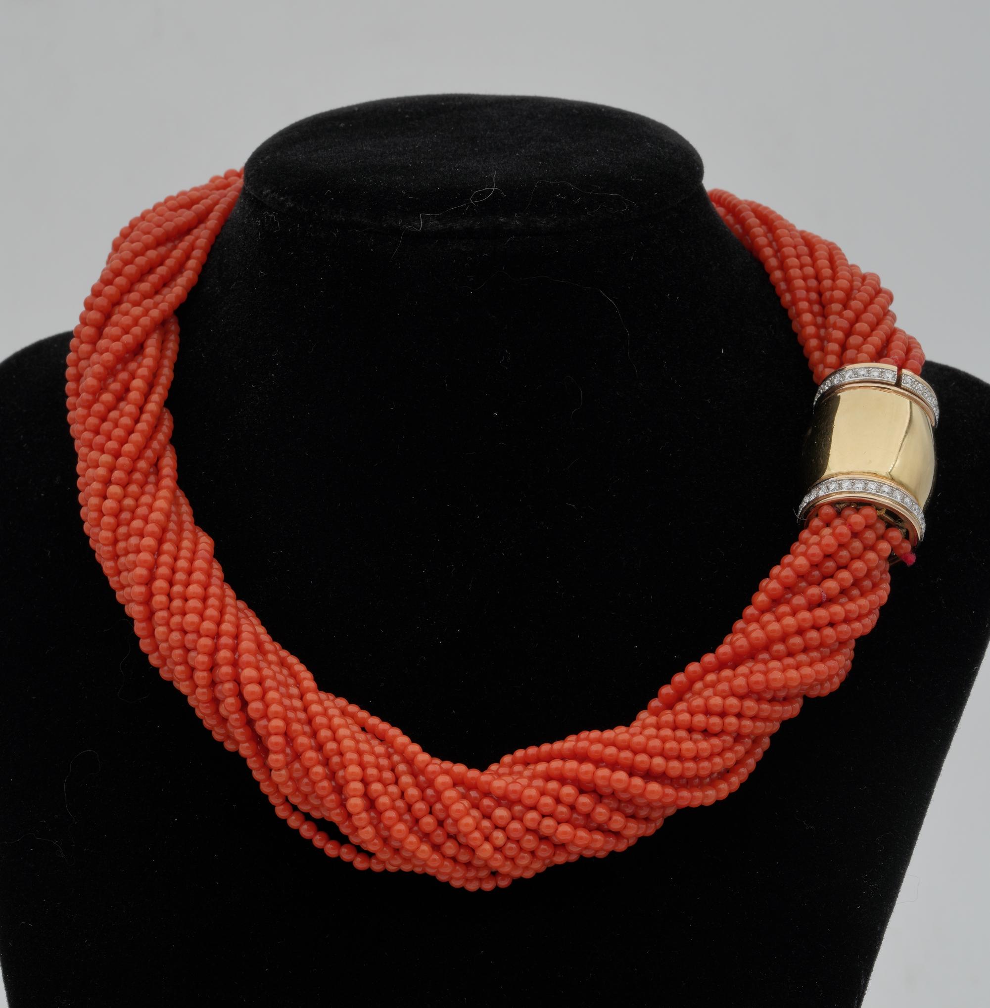 Allure of Coral

This captivating mid century necklace is Italian origin
Composed by 21 strands of highly selected, natural, untreated Coral of Red Salmon colour, 3 mm. beads all uniform, blemish free, matched to form this high quality vintage