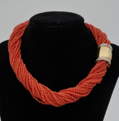 Italian Multi Strand Natural Coral 18 Karat Diamond Clasp Torsade Necklace