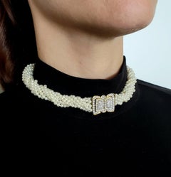 ITALIAN Multi Strands Pearls Necklace In 18Kt Yellow Gold With 4.92 Cts Diamonds