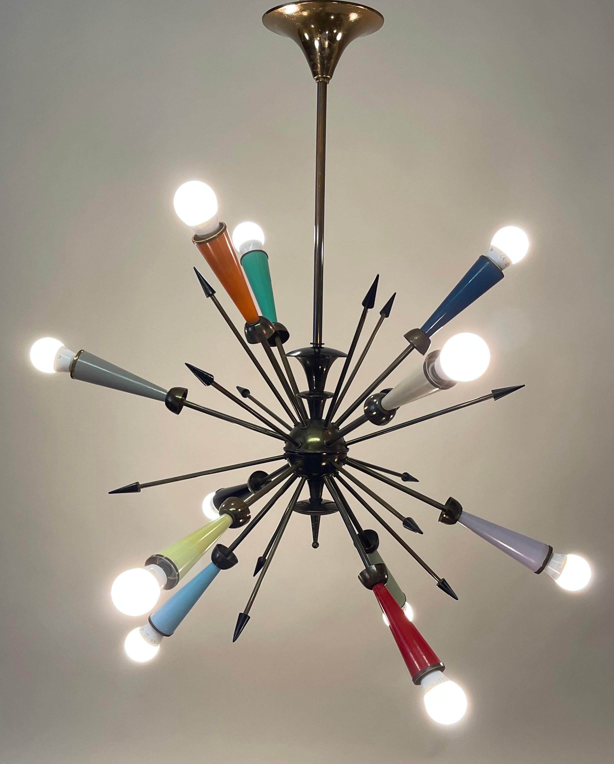 Italian Multicolor Brass Sputnik Chandelier, circa 1950s For Sale 5