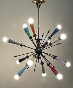 Italian Multicolor Brass Sputnik Chandelier, circa 1950s