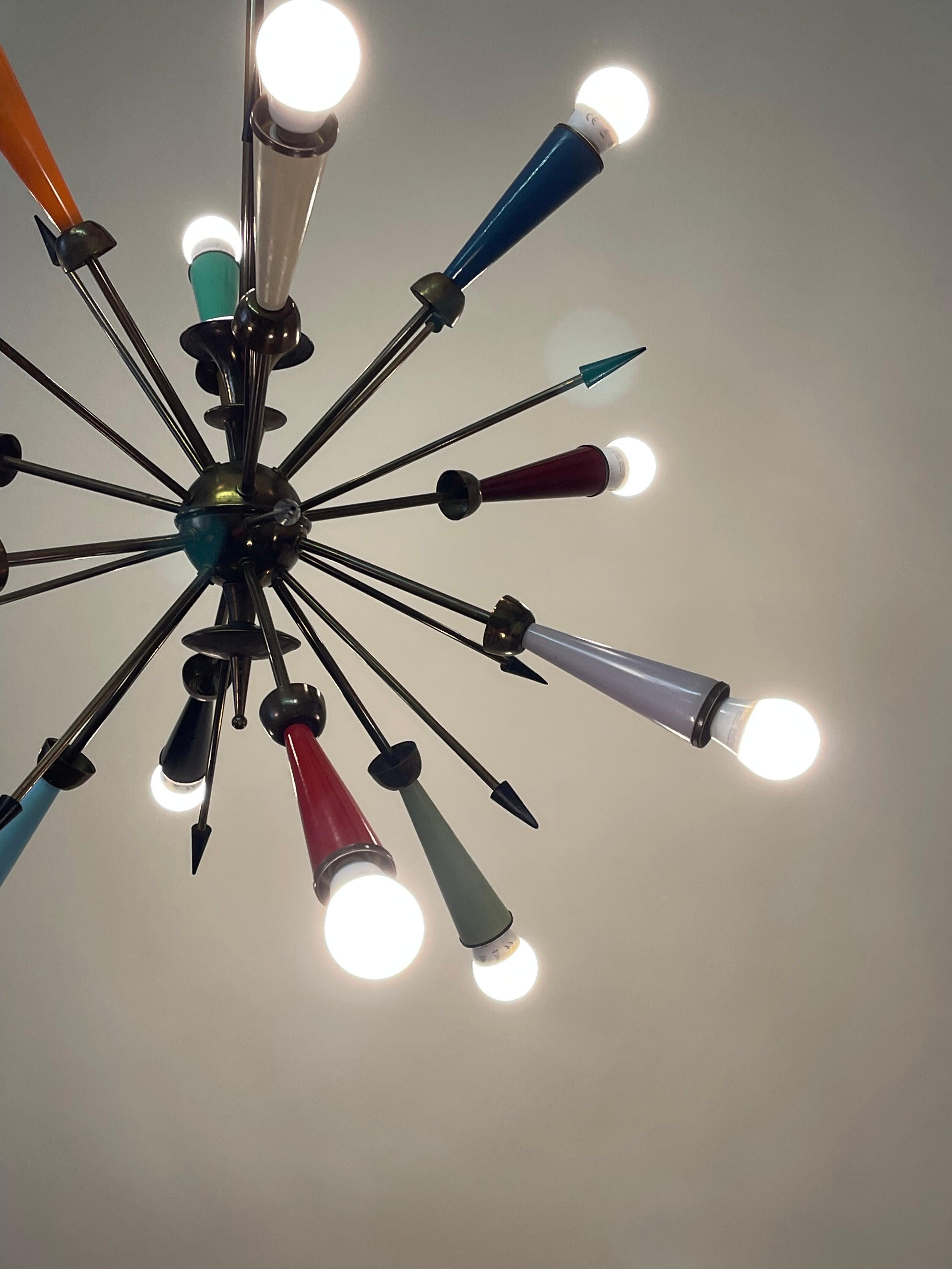 Italian Multicolor Brass Sputnik Chandelier, circa 1950s For Sale 3