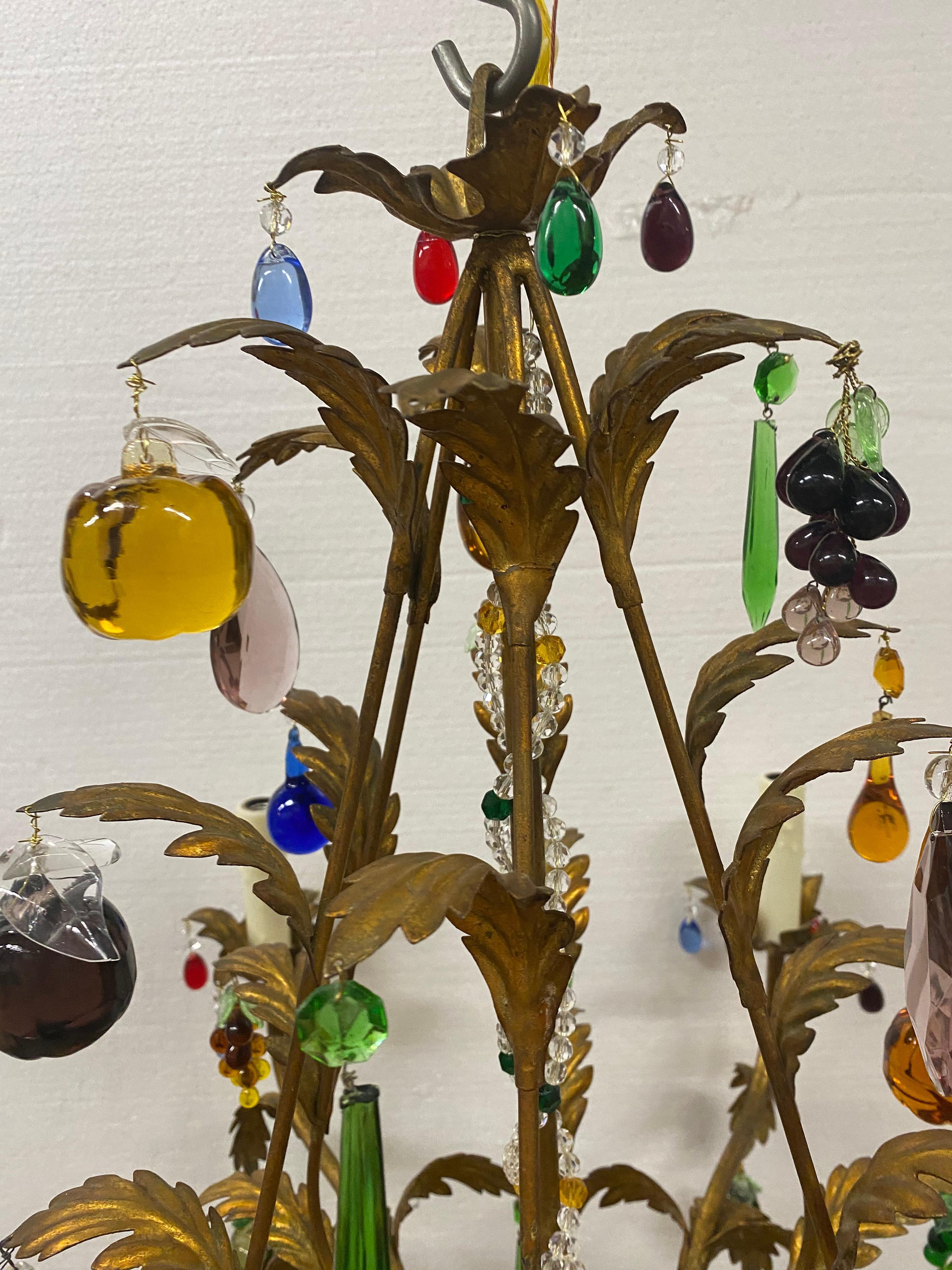 Multi-color gold fruit Italian chandelier, 6 lights, with 6 wax resin candle covers.