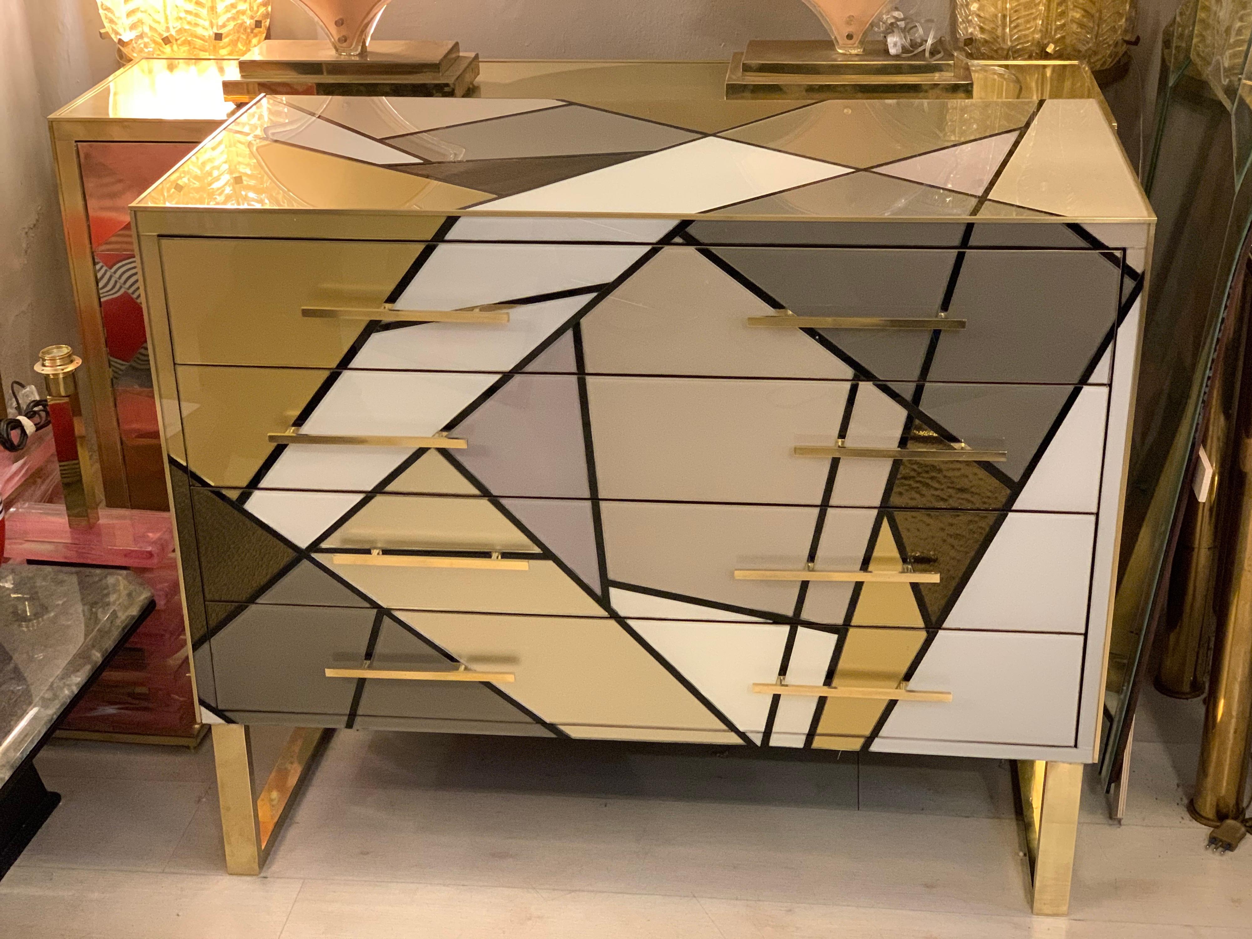 Mid-Century Modern Italian Multicolored Opaline Glass Chest of Drawers with Geometric Design, 1980s