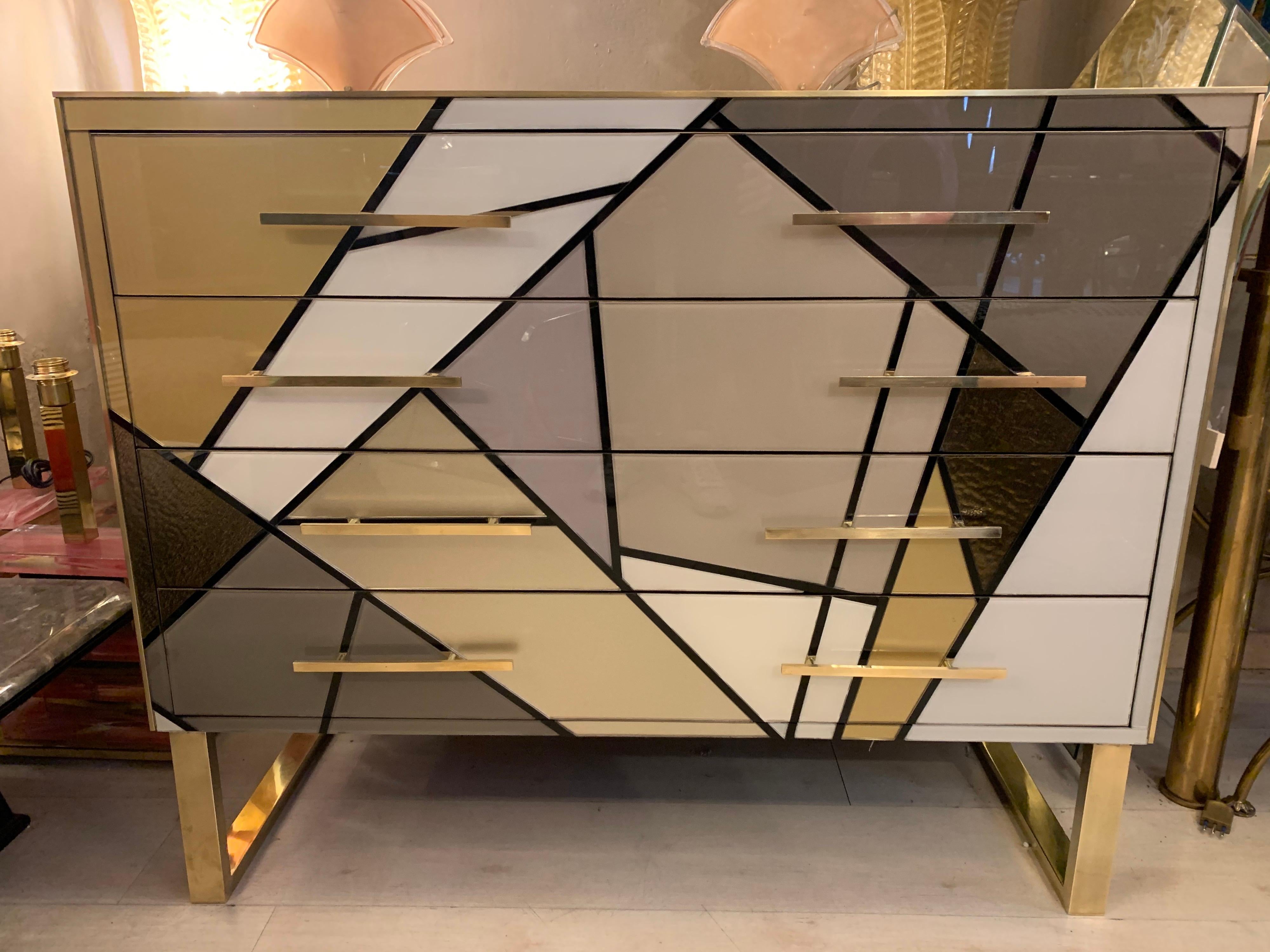 Italian Multicolored Opaline Glass Chest of Drawers with Geometric Design, 1980s In Excellent Condition In Florence, IT