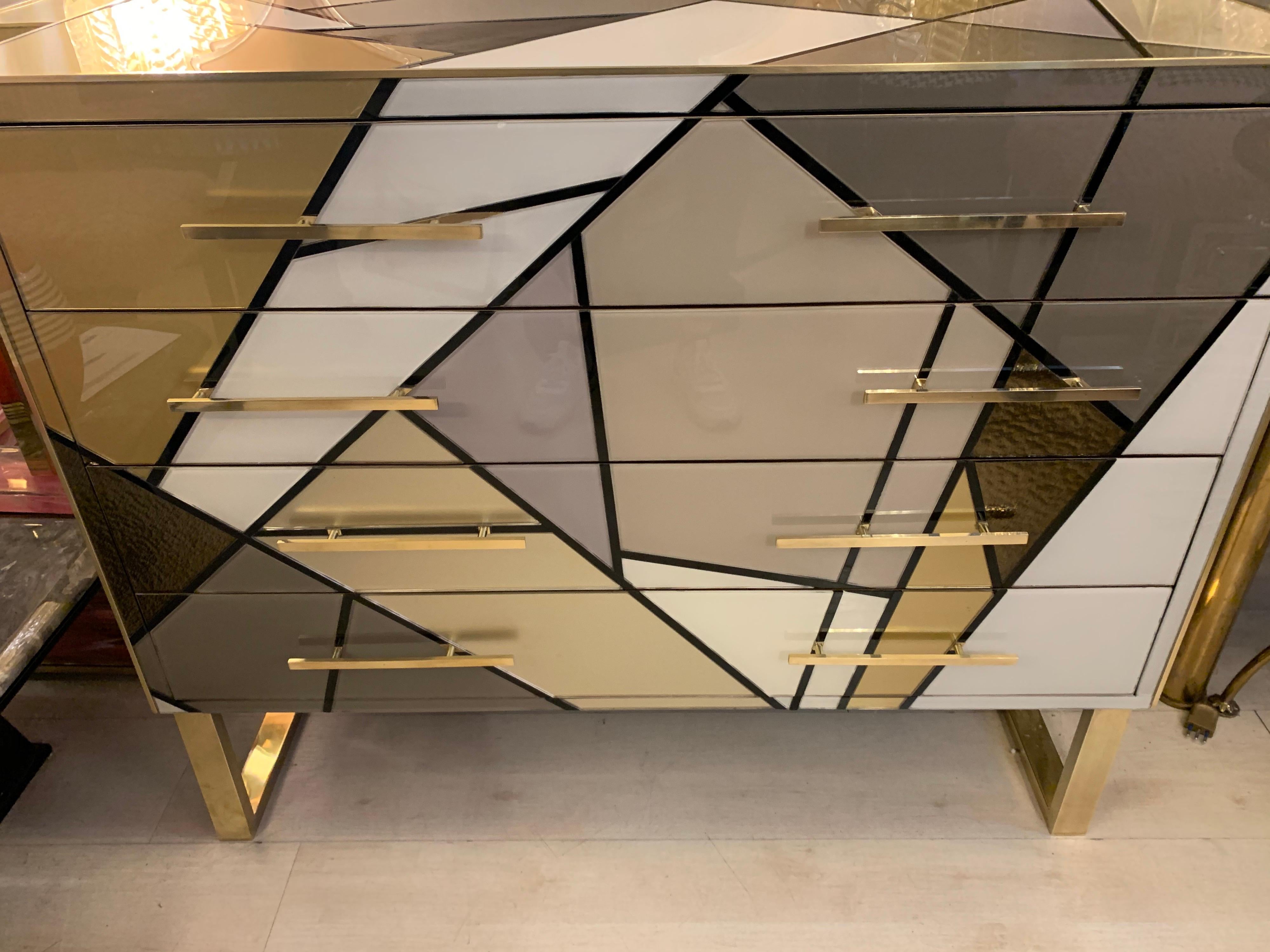 Late 20th Century Italian Multicolored Opaline Glass Chest of Drawers with Geometric Design, 1980s