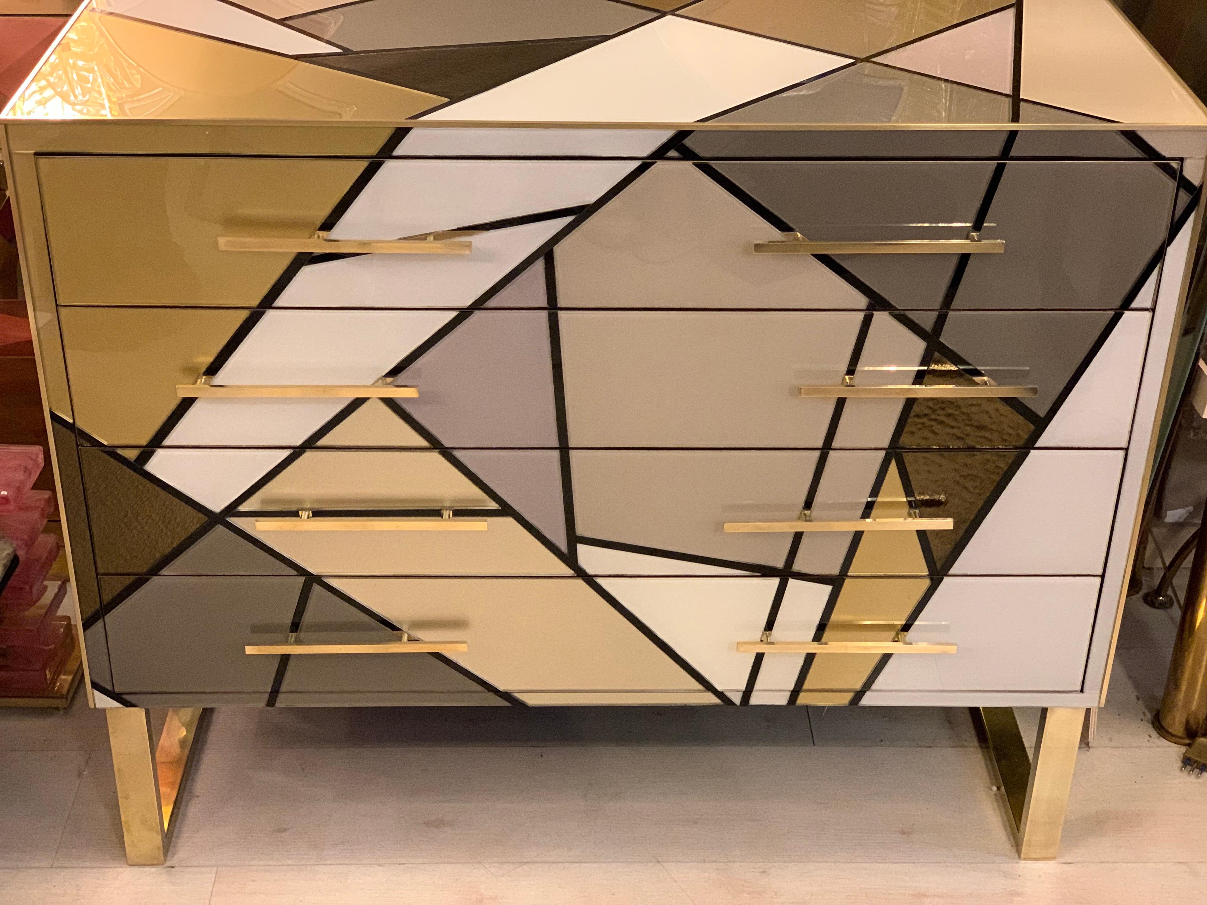 Italian Multicolored Opaline Glass Chest of Drawers with Geometric Design, 1980s 1