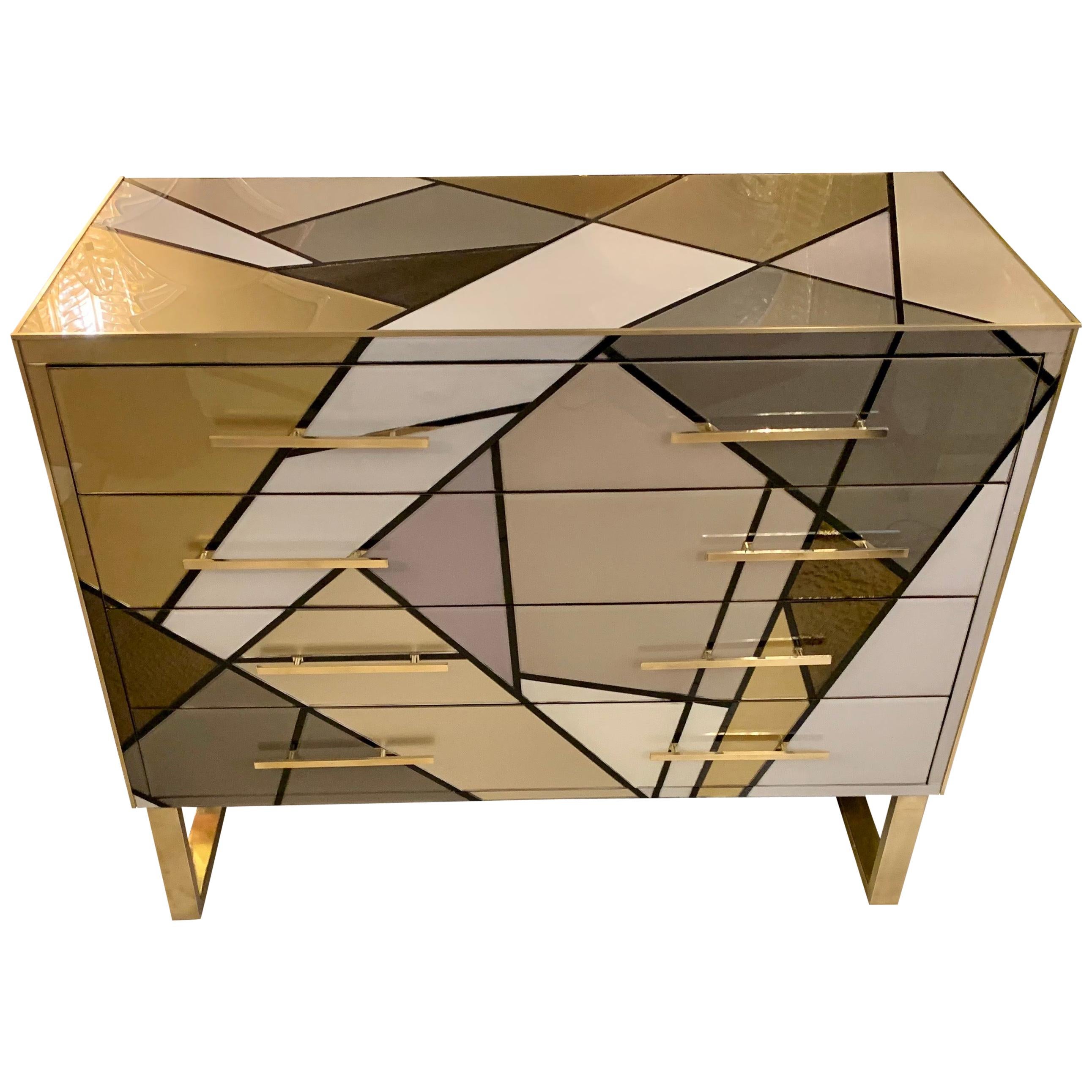 Italian Multicolored Opaline Glass Chest of Drawers with Geometric Design, 1980s