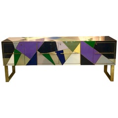 Italian Multicolored Opaline Glass Credenza with Brass Inlays, 1980s