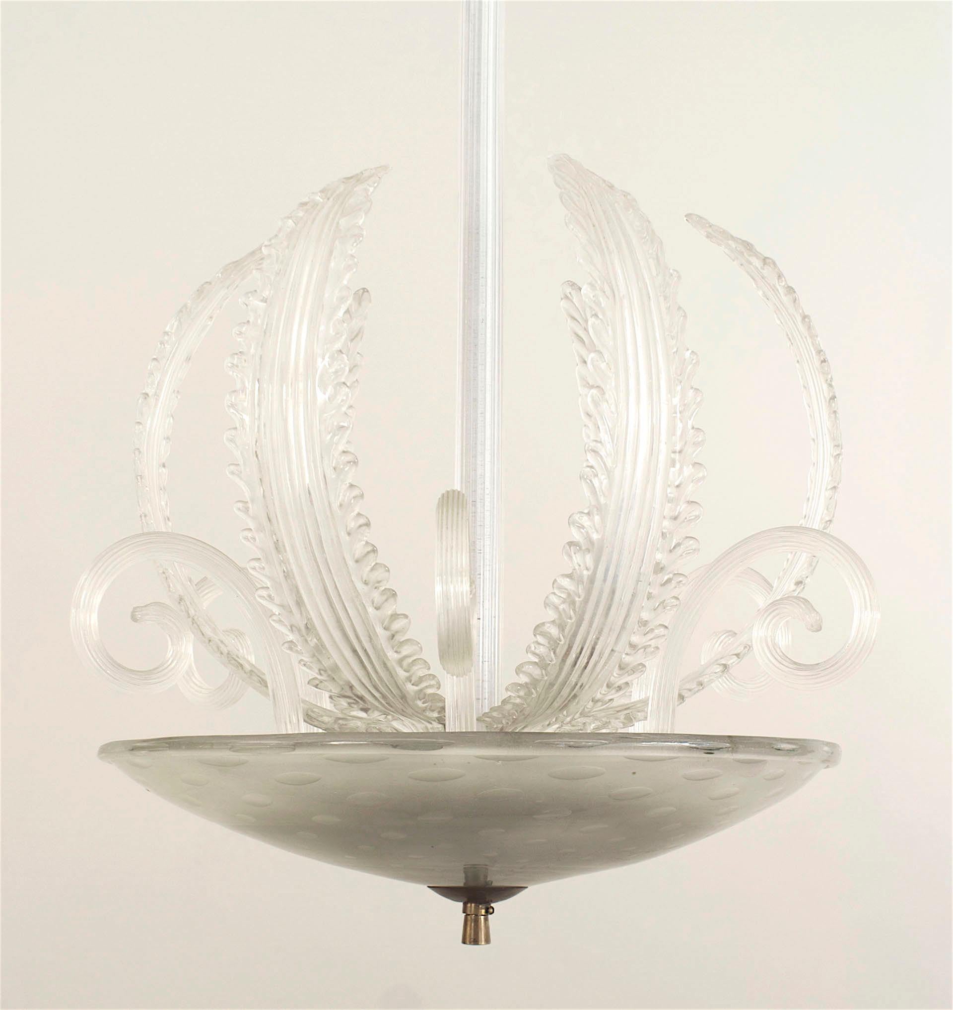 Italian Murano (1940s) frosted glass bowl form shade and canopy with dot design and protruding scrolls & feathers and suspended by a fluted center post. (BAROVIER ET TOSO)
