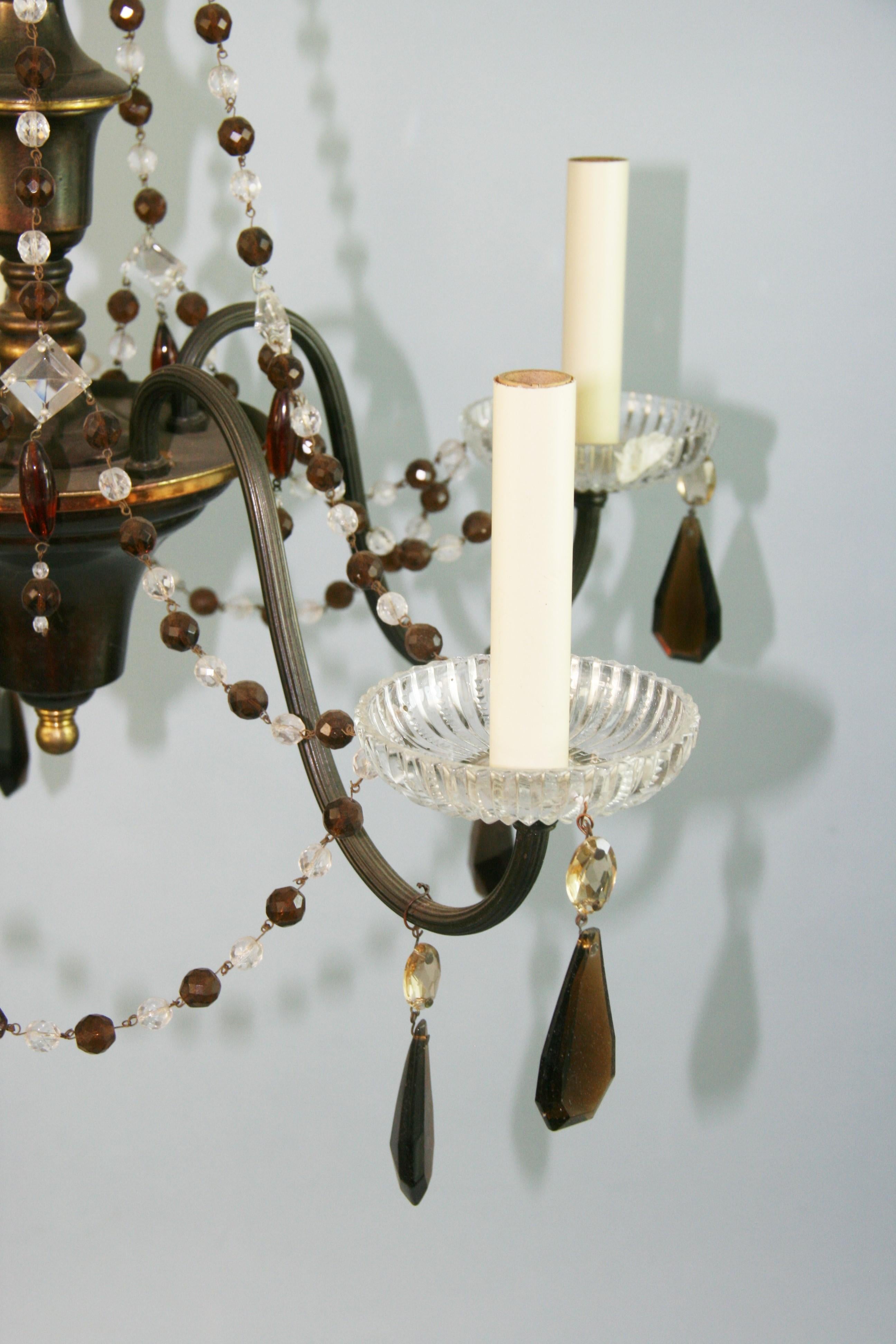 Mid-20th Century Italian Murano Amber and Clear  Crystal Beaded Chandelier, circa 1930s For Sale