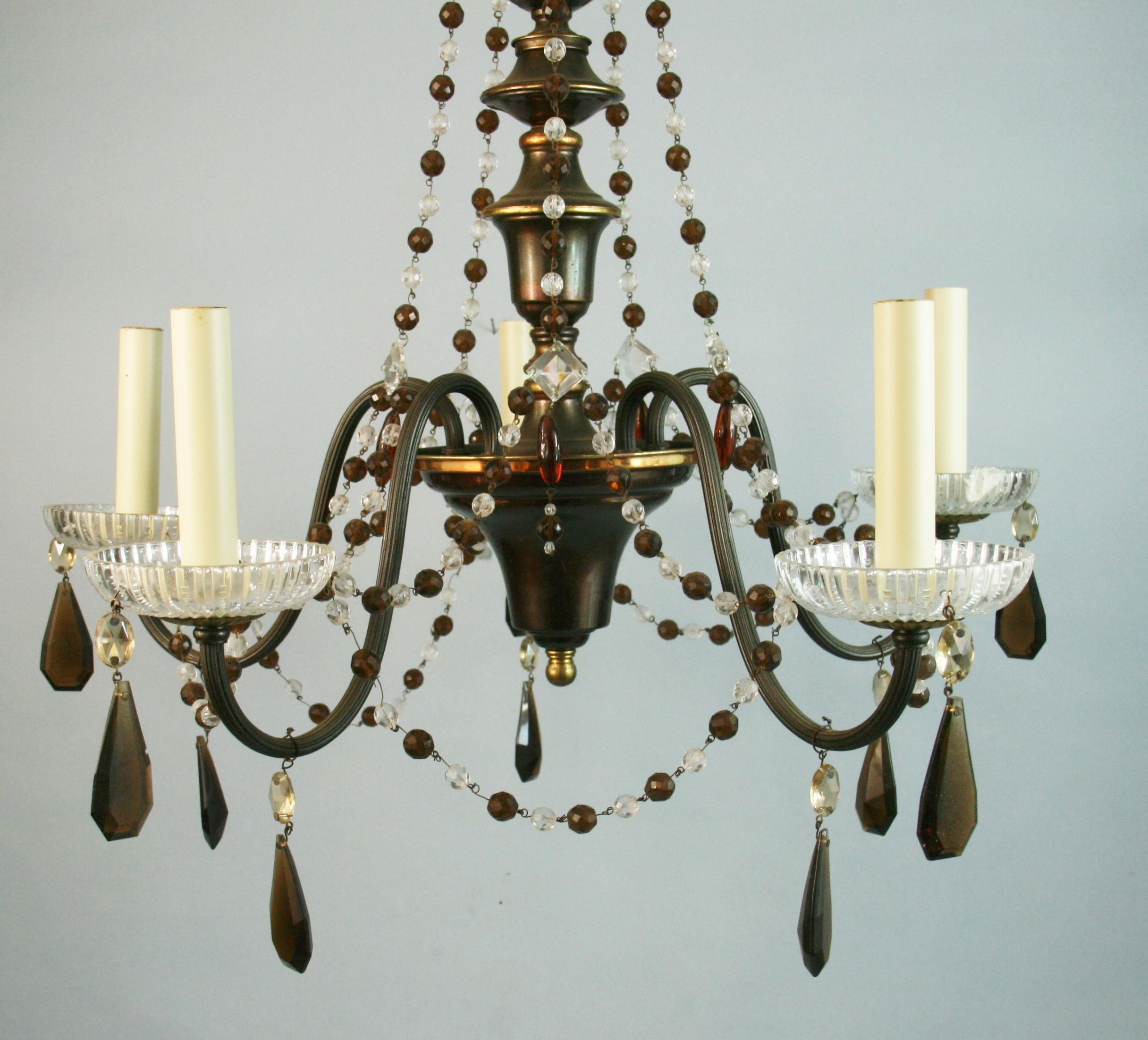 Brass Italian Murano Amber and Clear  Crystal Beaded Chandelier, circa 1930s For Sale