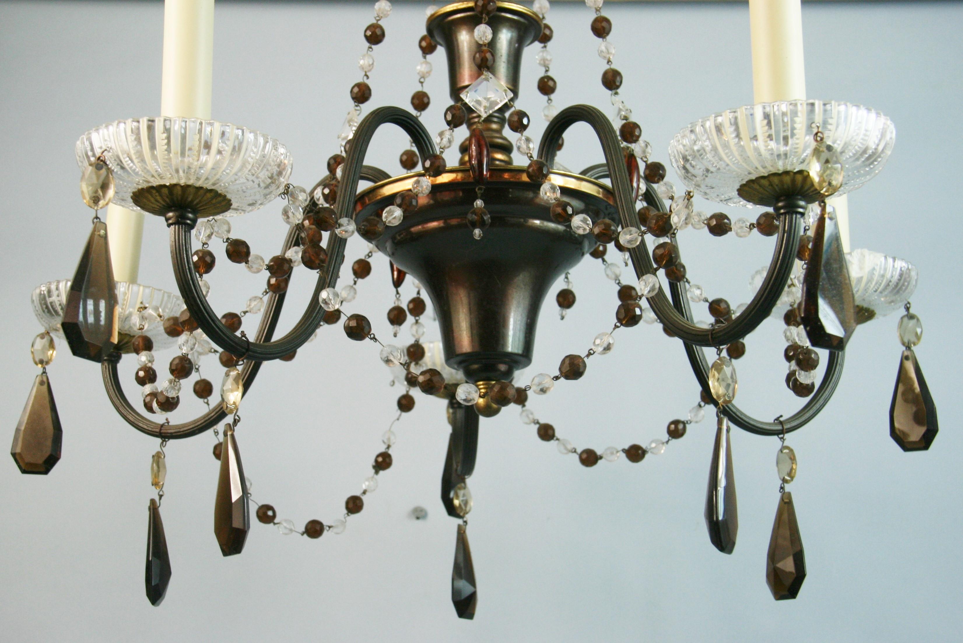 Italian Murano Amber and Clear  Crystal Beaded Chandelier, circa 1930s For Sale 1