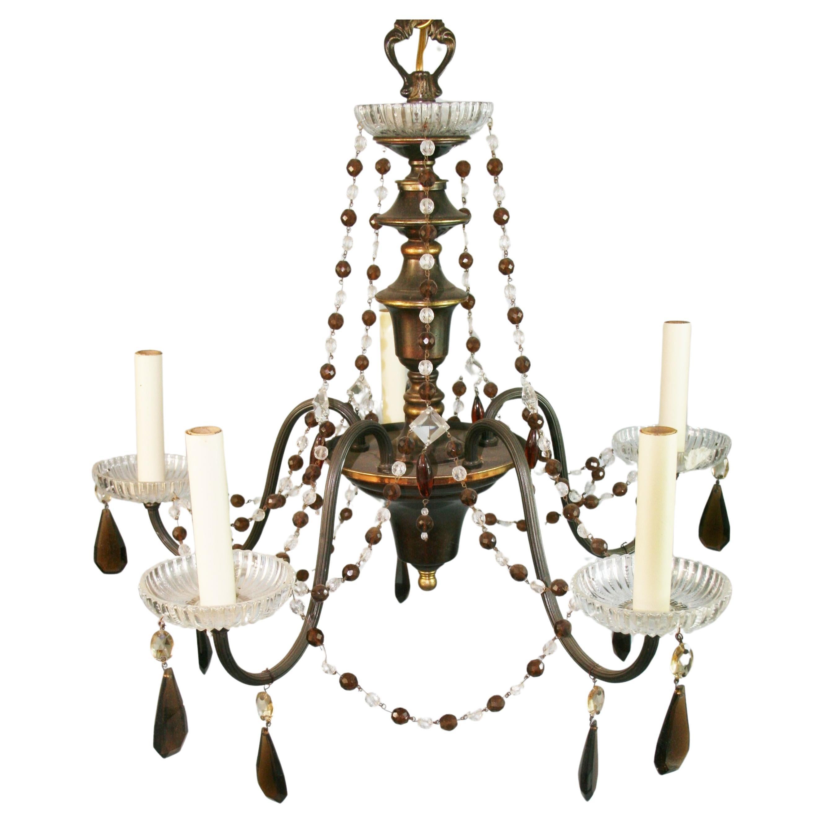 Italian Murano Amber and Clear  Crystal Beaded Chandelier, circa 1930s For Sale