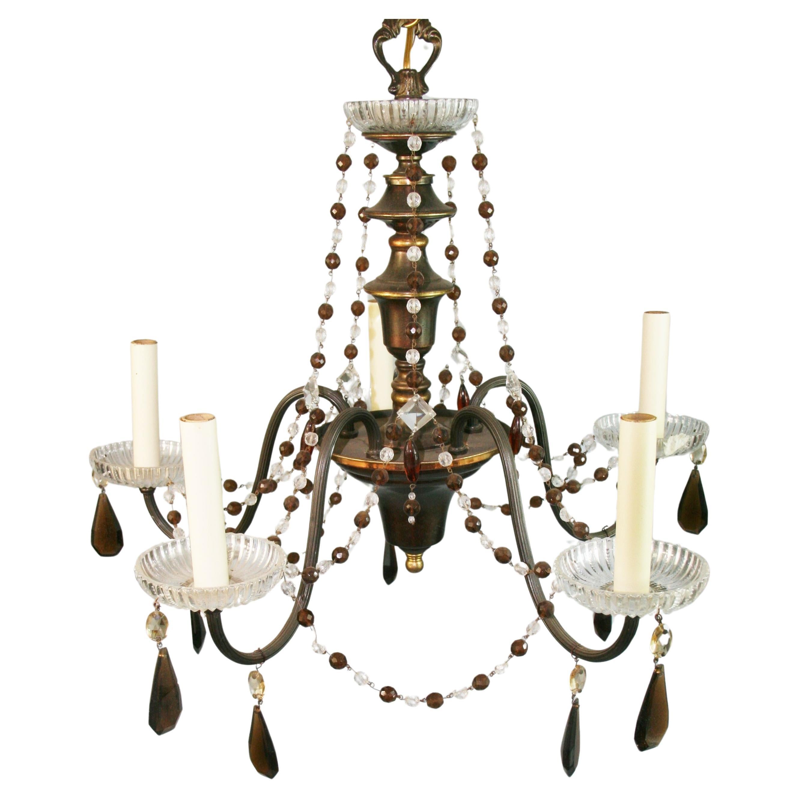 Antique Italian Murano Amber and Clear  Crystal Beaded Chandelier, circa 1930s