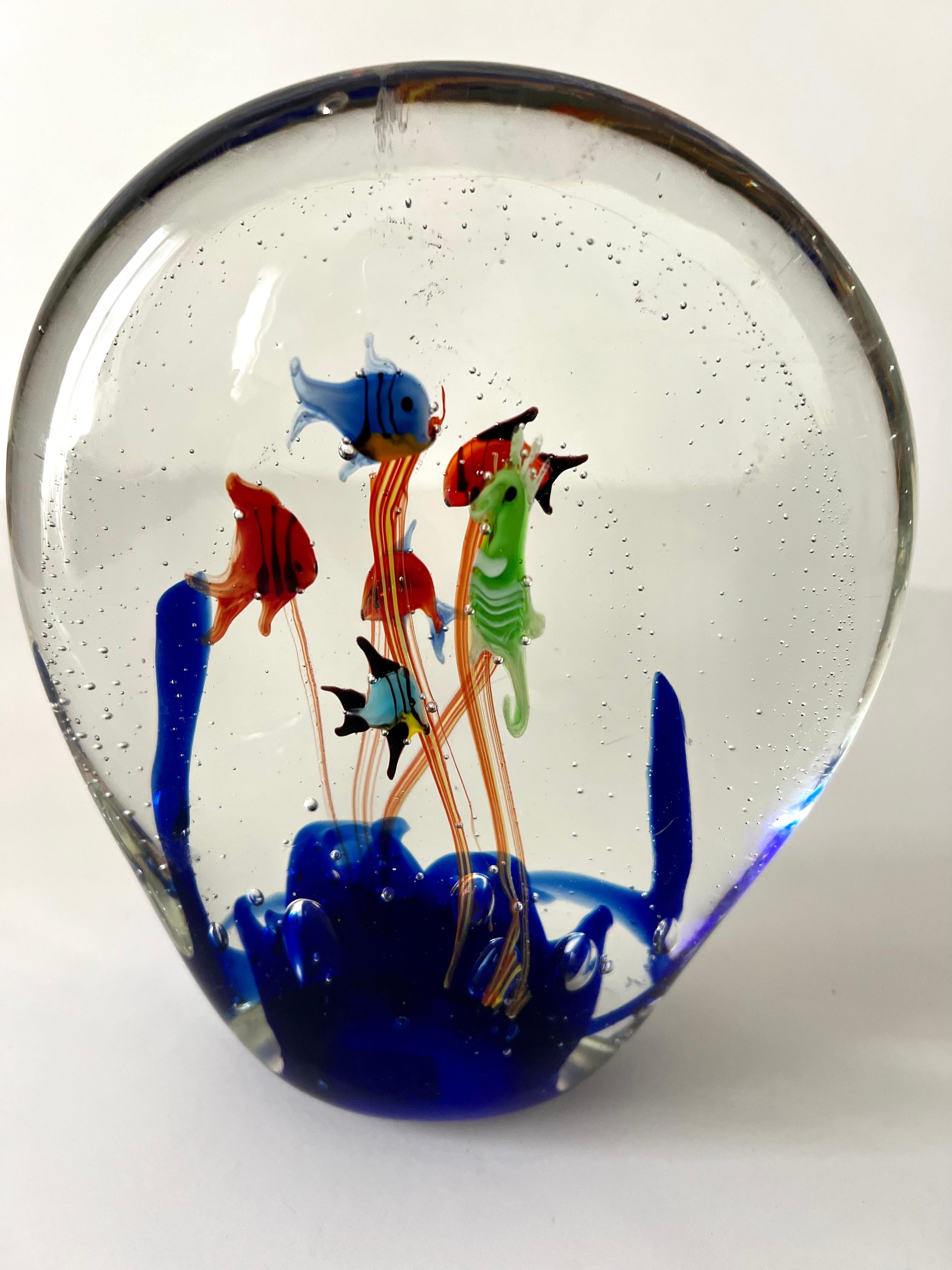 Murano Glass Italian Murano Aquarium Paper Weight with Fish and Ocean Plants Bubbles For Sale