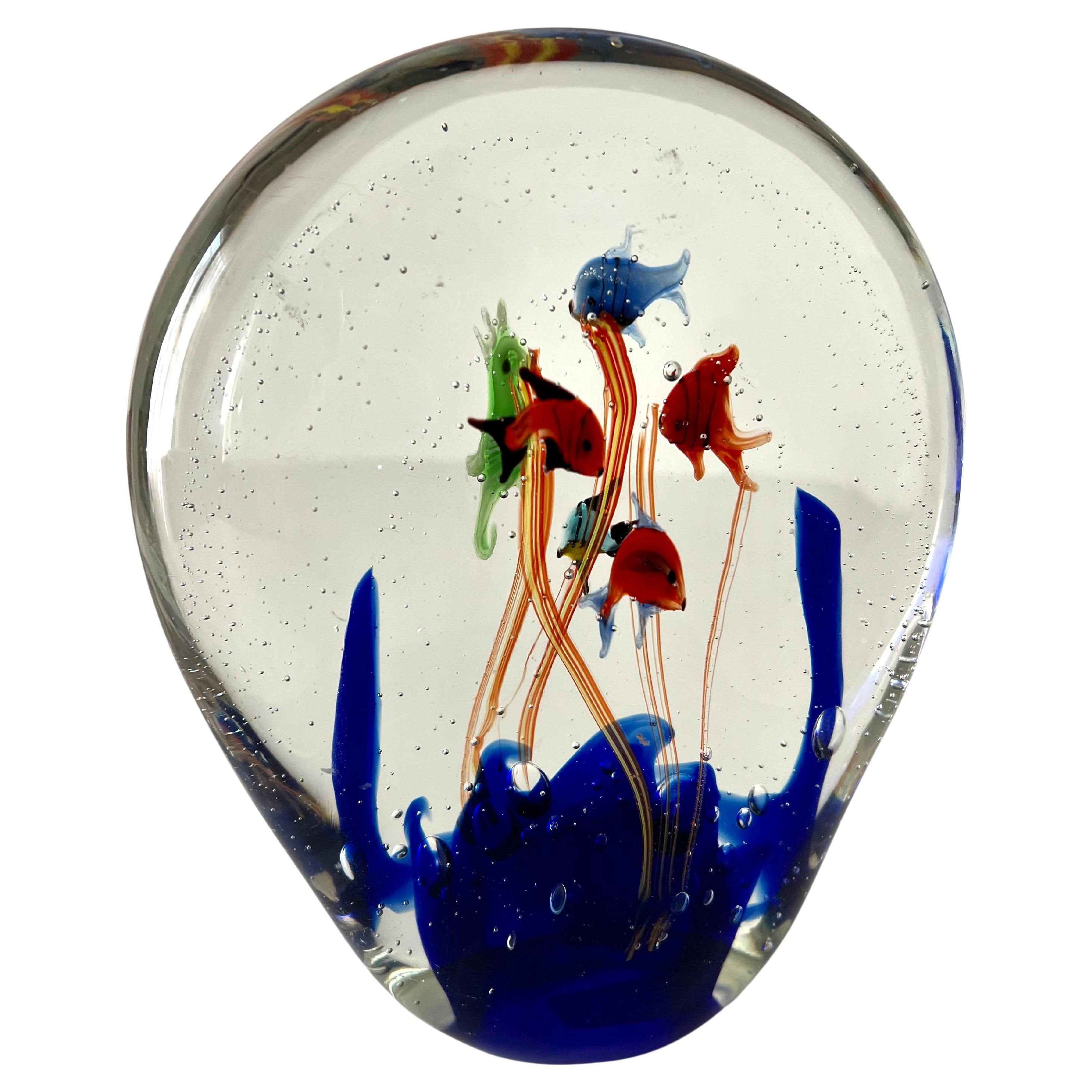 Italian Murano Aquarium Paper Weight with Fish and Ocean Plants Bubbles For Sale