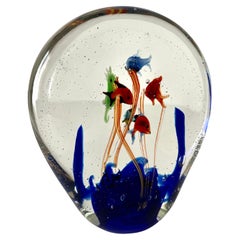 Vintage Italian Murano Aquarium Paper Weight with Fish and Ocean Plants Bubbles