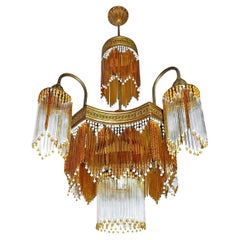 Italian Murano Art Deco Art Nouveau Amber Beaded Crystal Fringe Gilt Chandelier