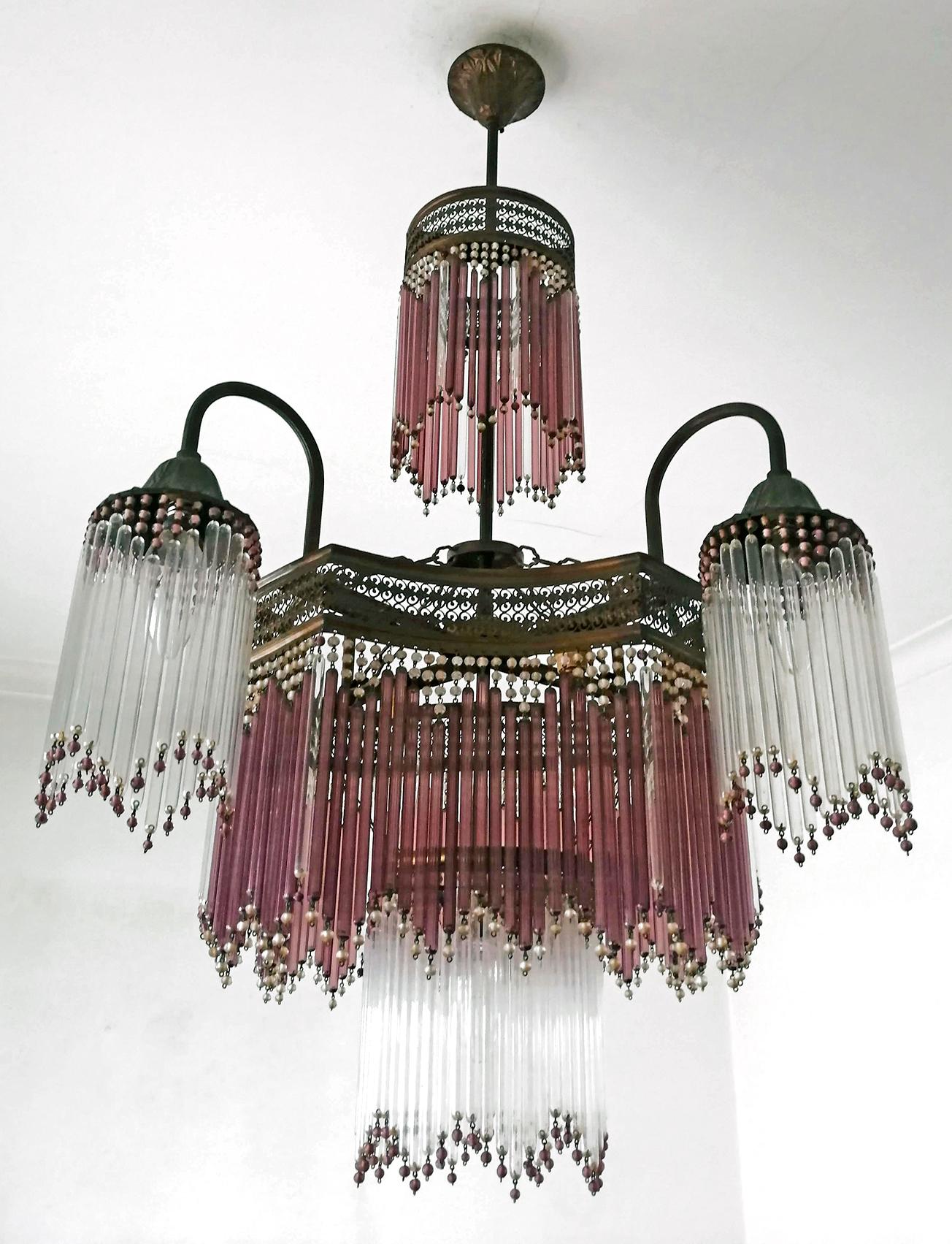 Hollywood Regency Italian Murano Art Deco Art Nouveau Pink Beaded Crystal Fringe Gilt Chandelier
