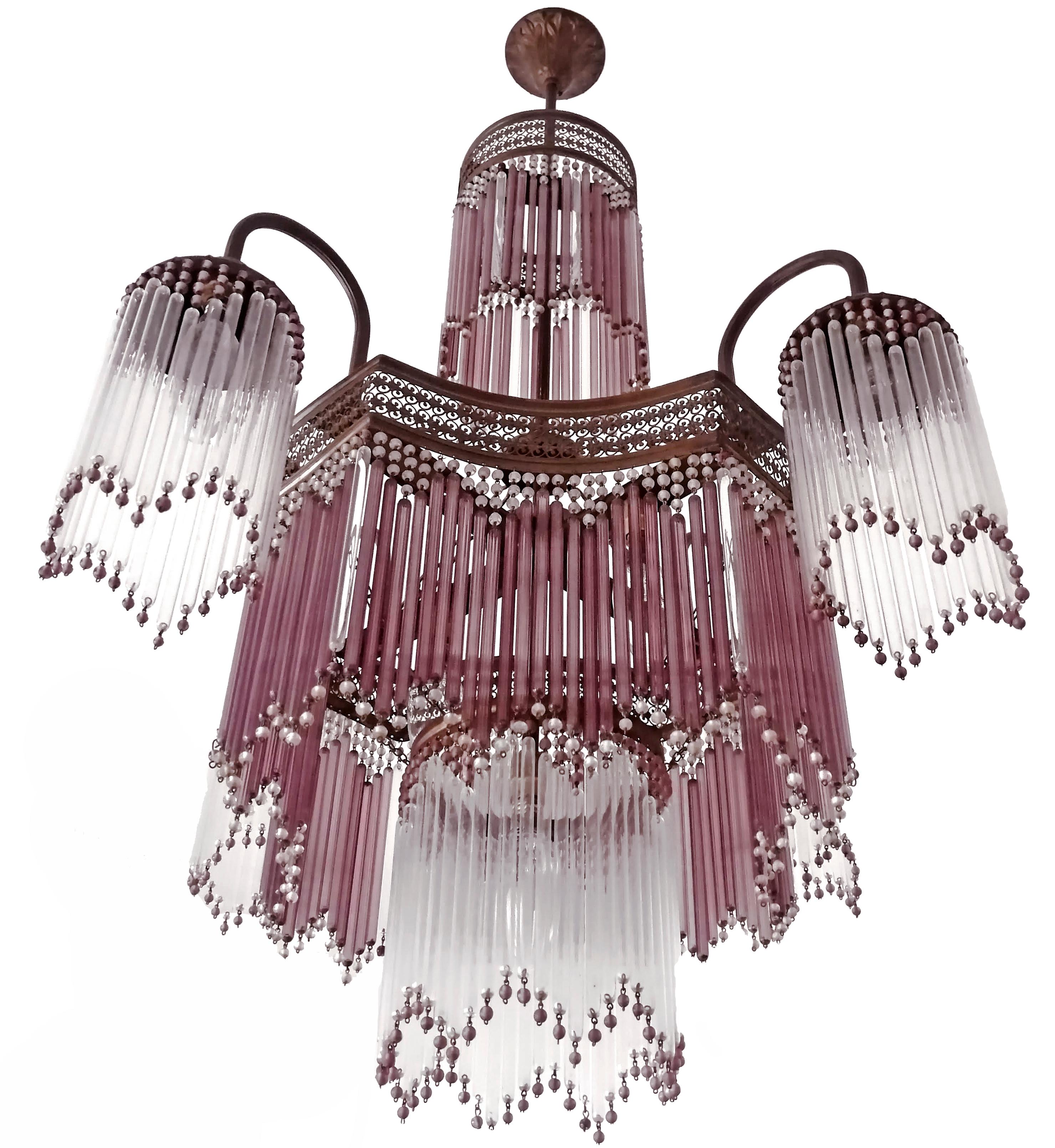 Italian Murano Art Deco Art Nouveau Pink Beaded Crystal Fringe Gilt Chandelier In Good Condition In Coimbra, PT