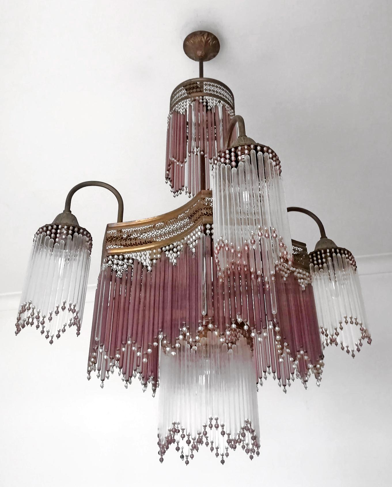 20th Century Italian Murano Art Deco Art Nouveau Pink Beaded Crystal Fringe Gilt Chandelier